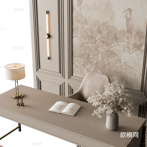 美式輕奢書房背景墻 書桌椅3d模型下載(渲染圖2)