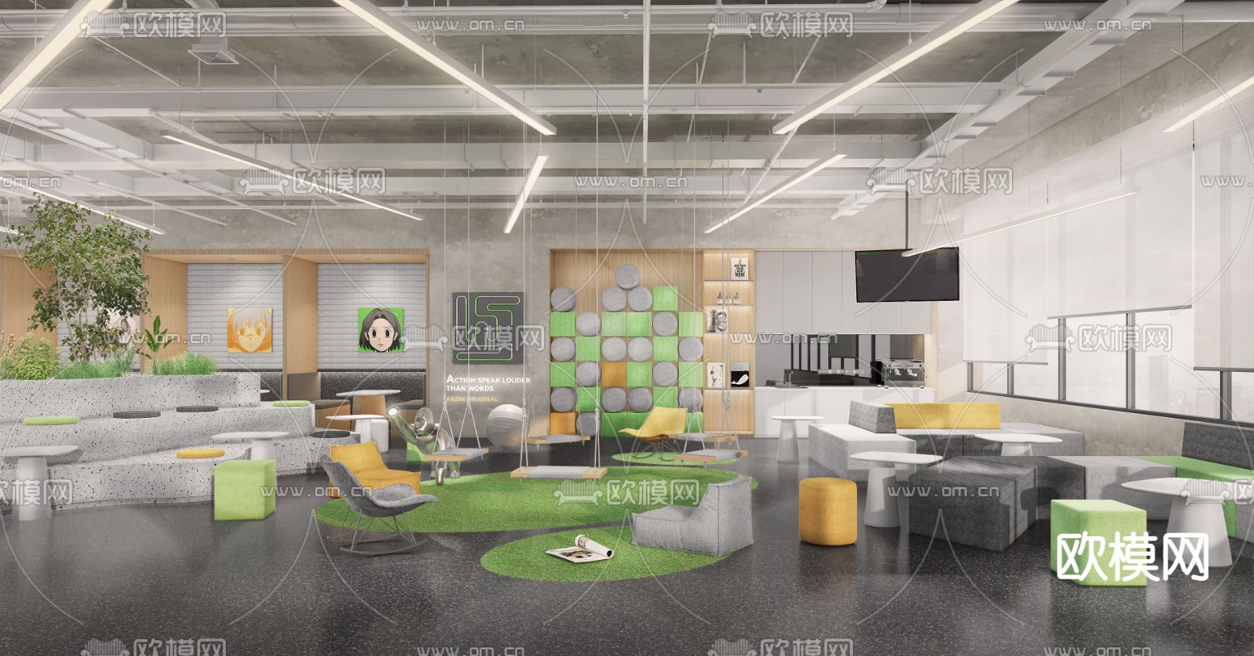 现代办公室休息区su模型下载（渲染图1）