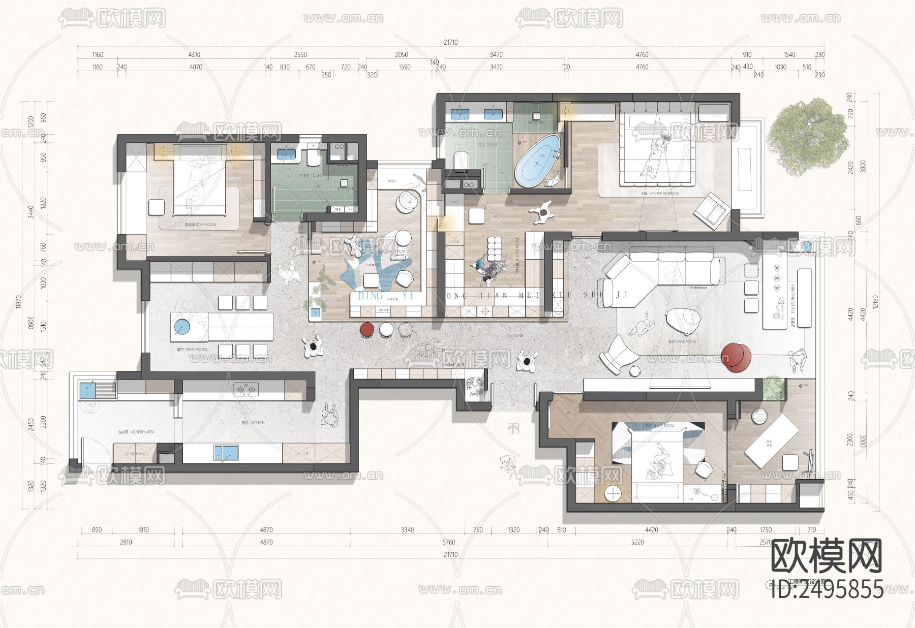 200平平面设计cad施工图下载（渲染图1）
