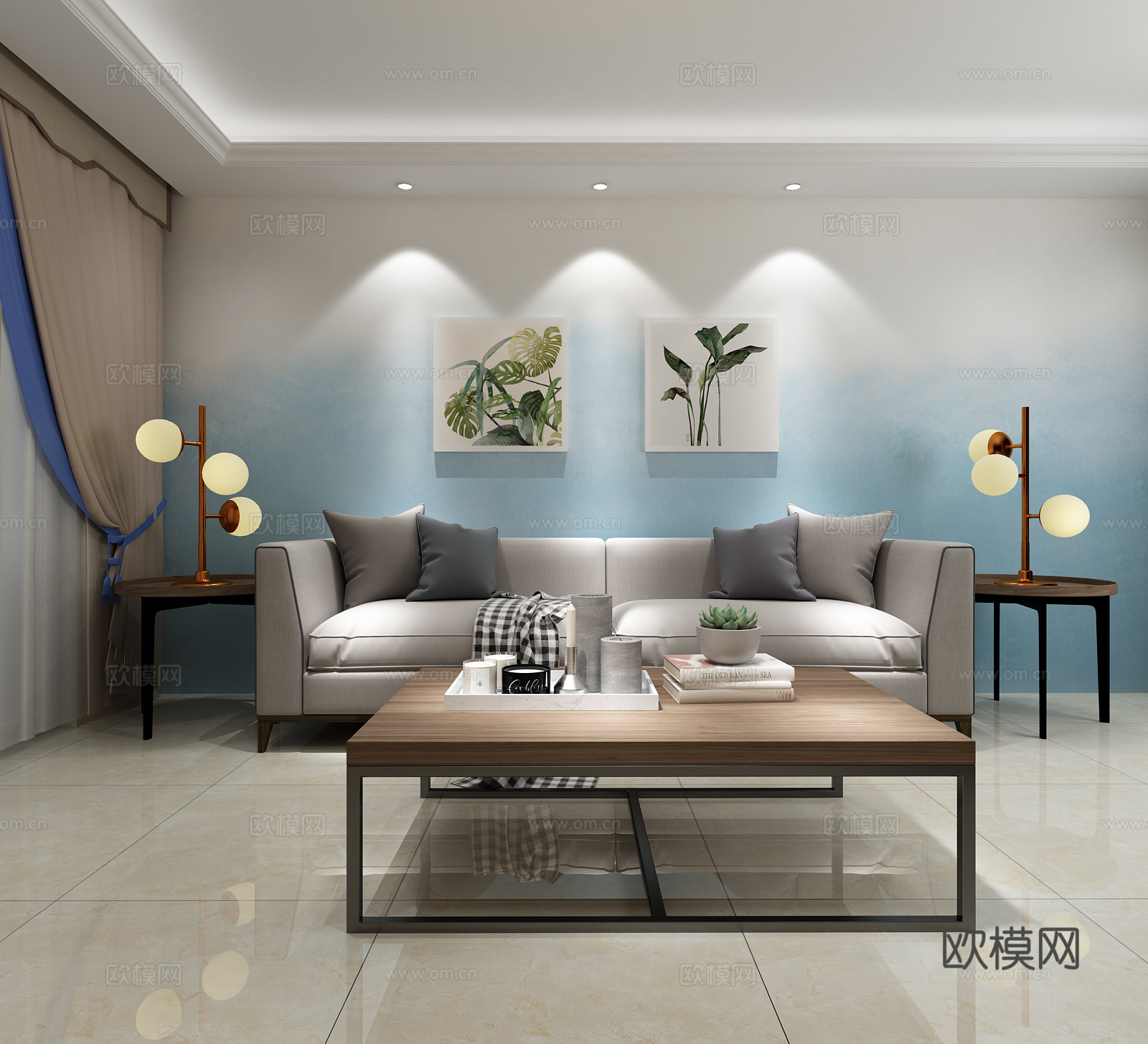 北欧风格双人沙发 北欧茶几 北欧装饰画 北欧台灯 北欧窗帘3d模型