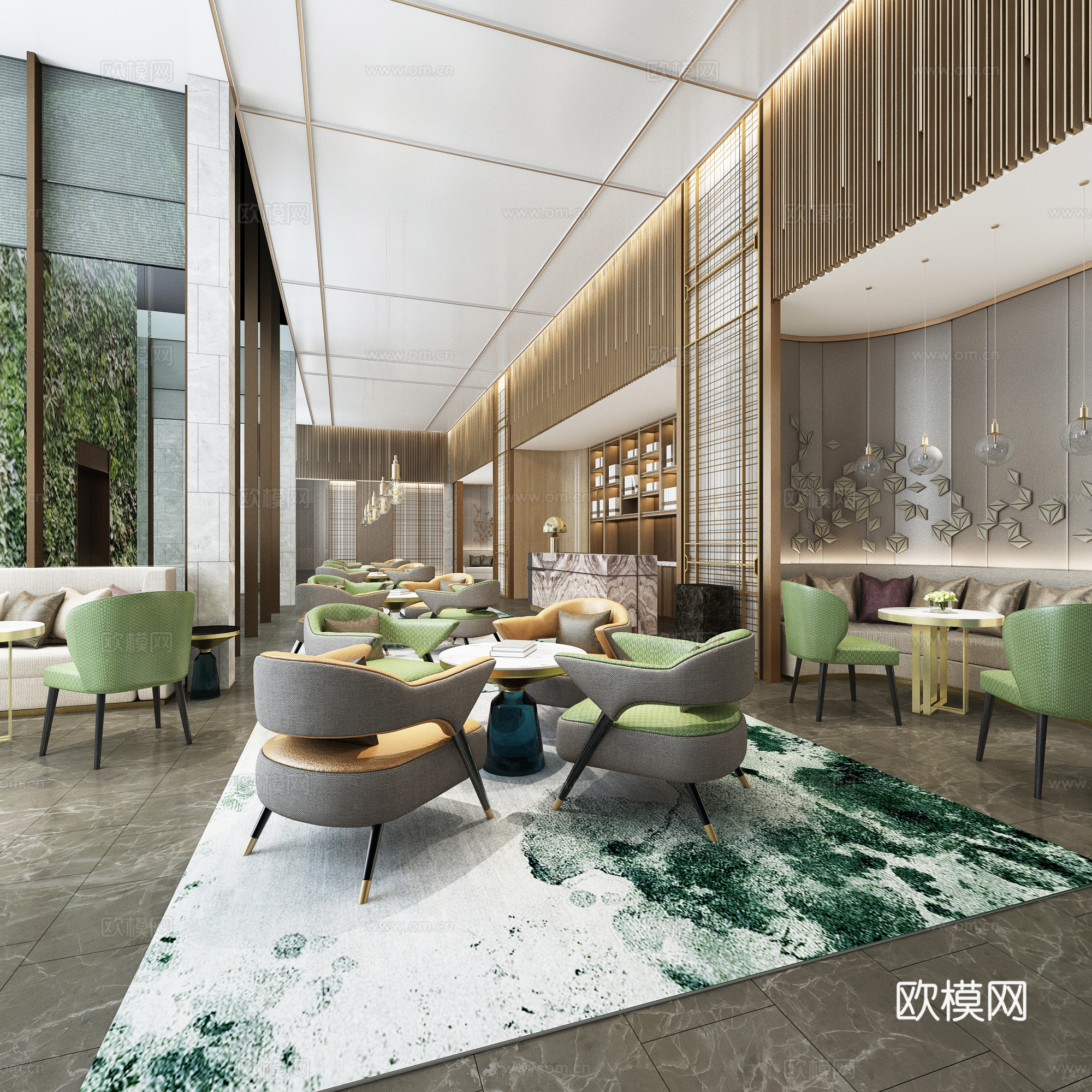 现代新中式休闲区 会所大厅空间3d模型