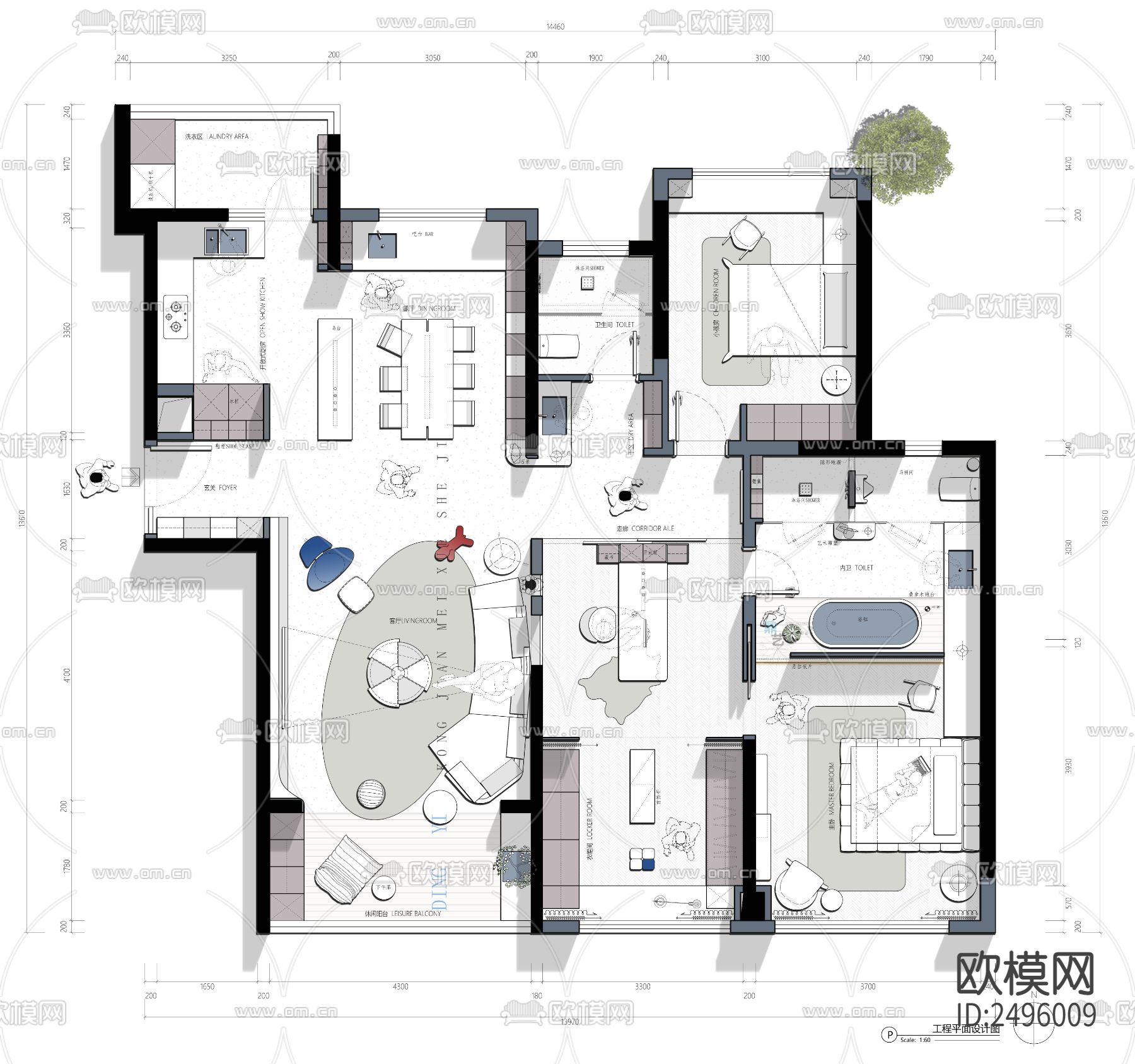 150平平面设计cad施工图下载（渲染图1）