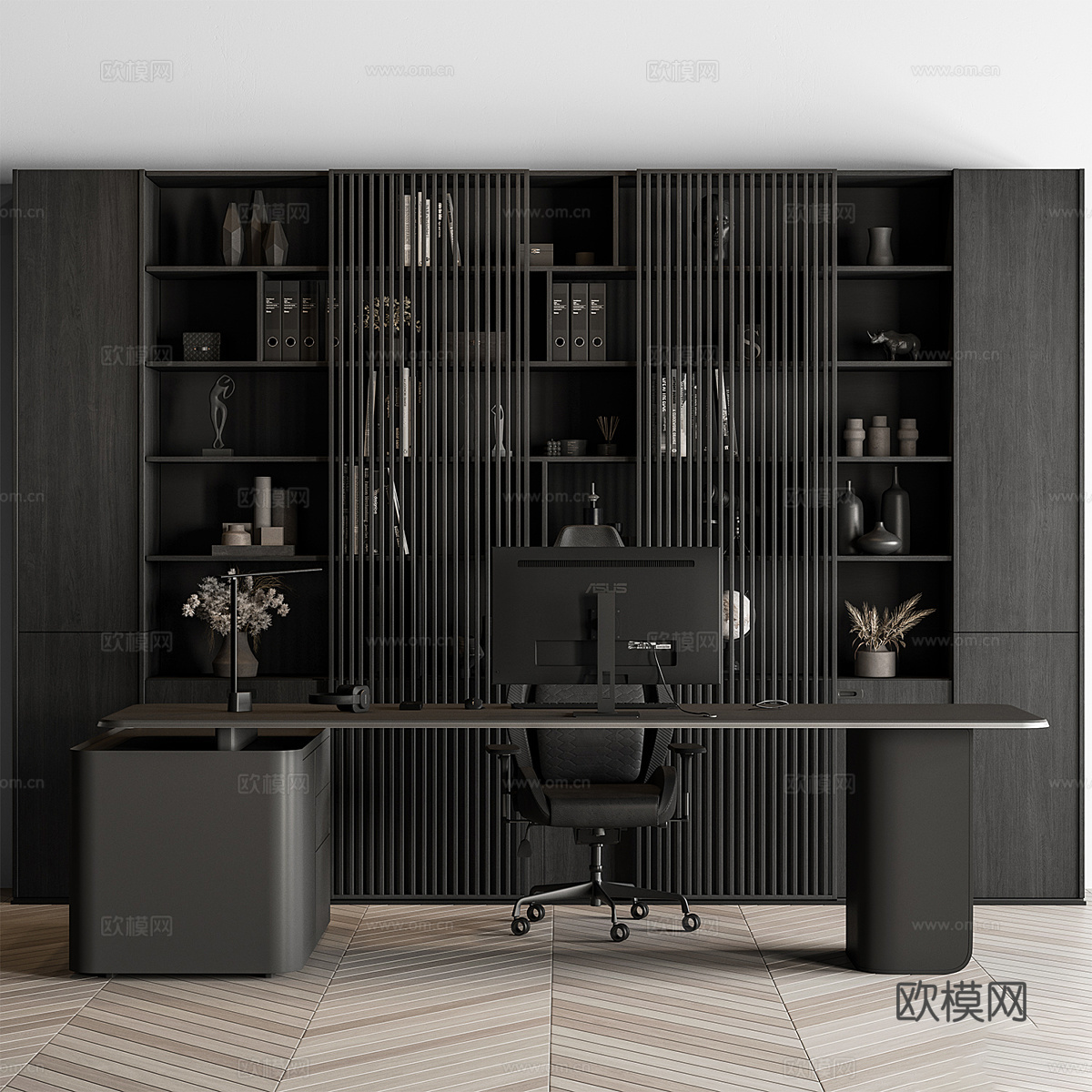 现代意式暗黑风书柜 书桌椅3d模型
