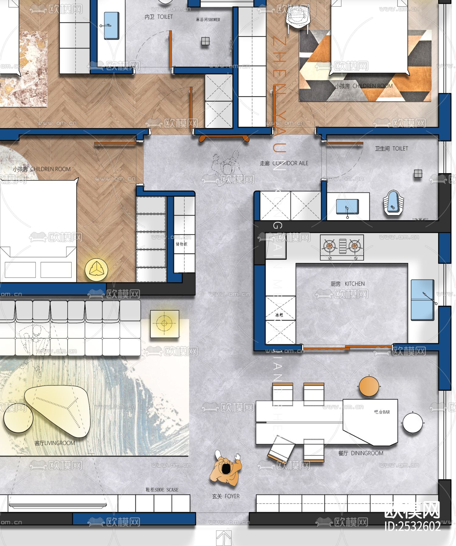 平面设计CAD施工图下载（渲染图2）