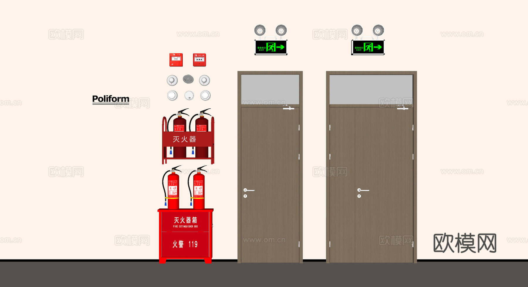 现代防火门 消防门 安全出口应急灯 灭火器su模型