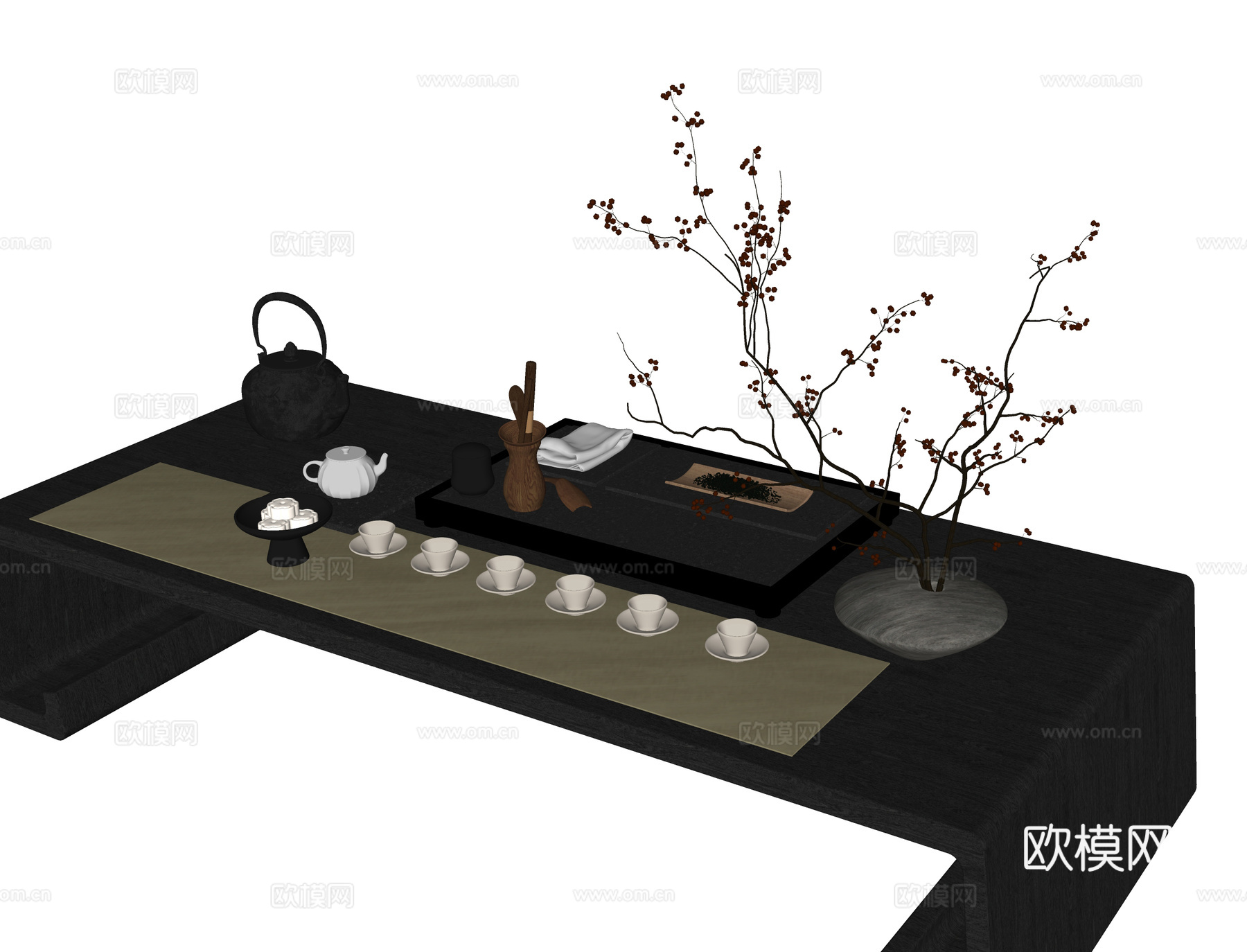 现代茶具摆件 茶杯 茶壶su模型下载（渲染图1）