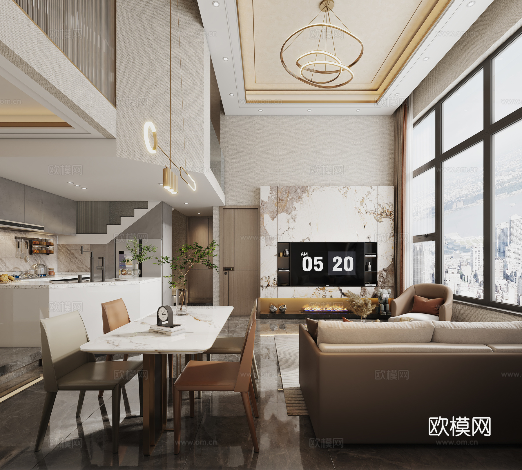 现代客餐厅厨房沙发背景电视背景墙沙发组合挂画3d模型