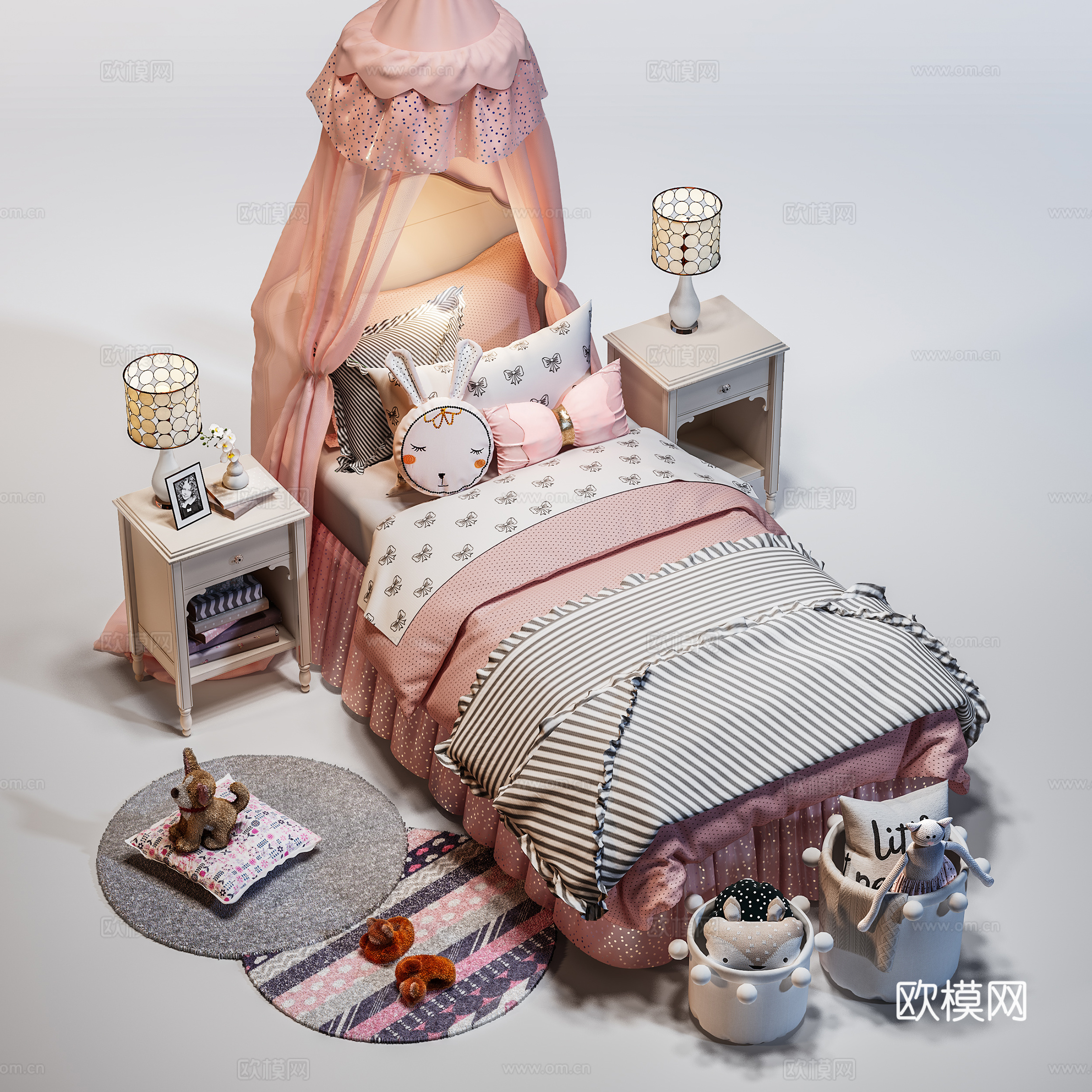 欧式儿童床  单人儿童床 儿童玩具 床头柜台灯su模型