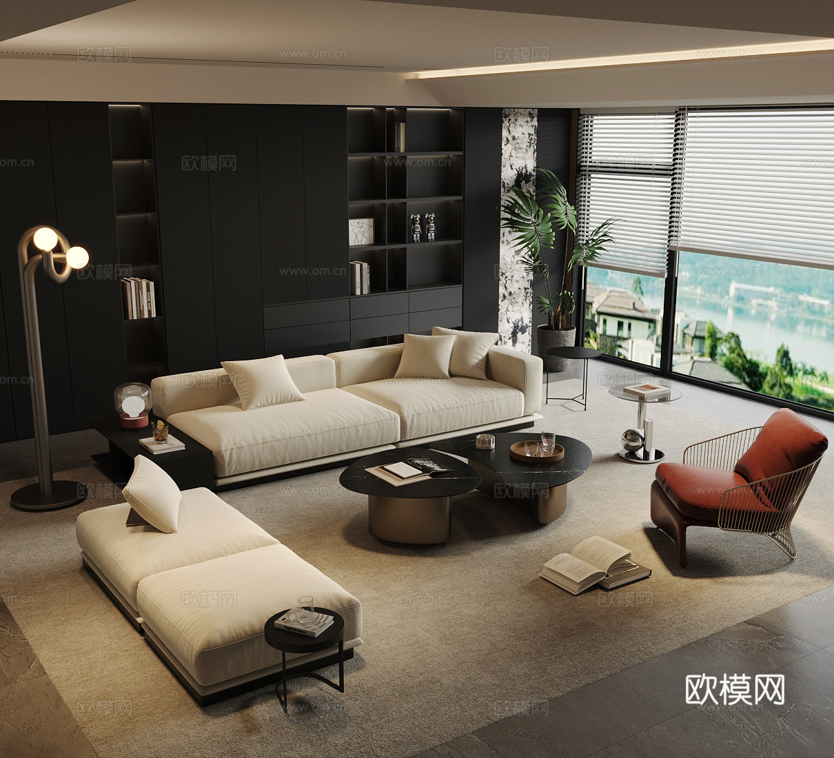 现代意式家居客厅 轻奢意式客厅 沙发茶几组合 高级灰客厅su模型