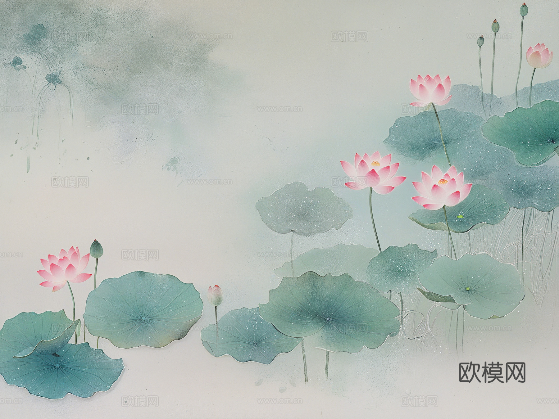 新中式荷花壁画