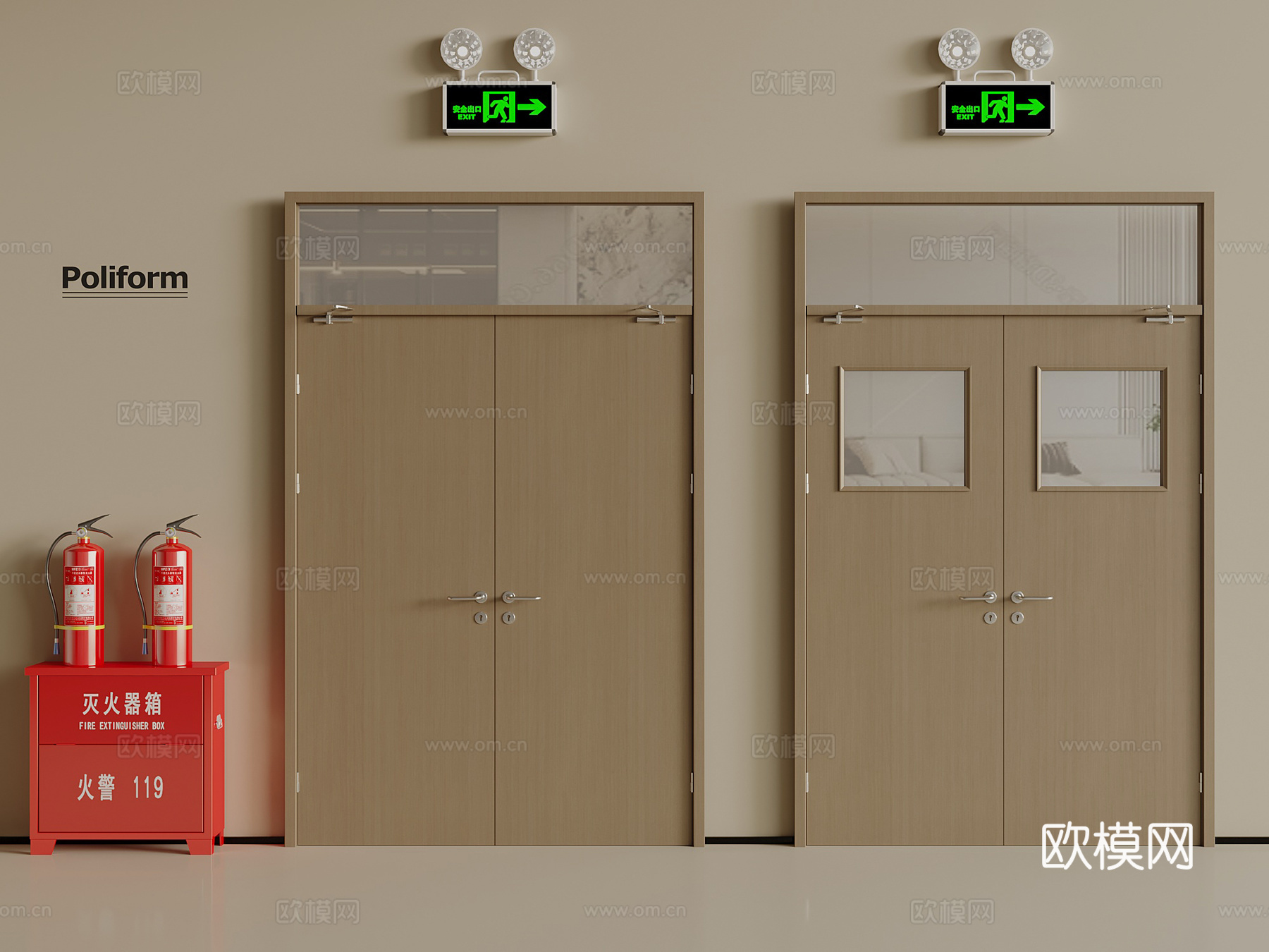 现代防火门 消防门 安全出口应急灯 灭火器3d模型