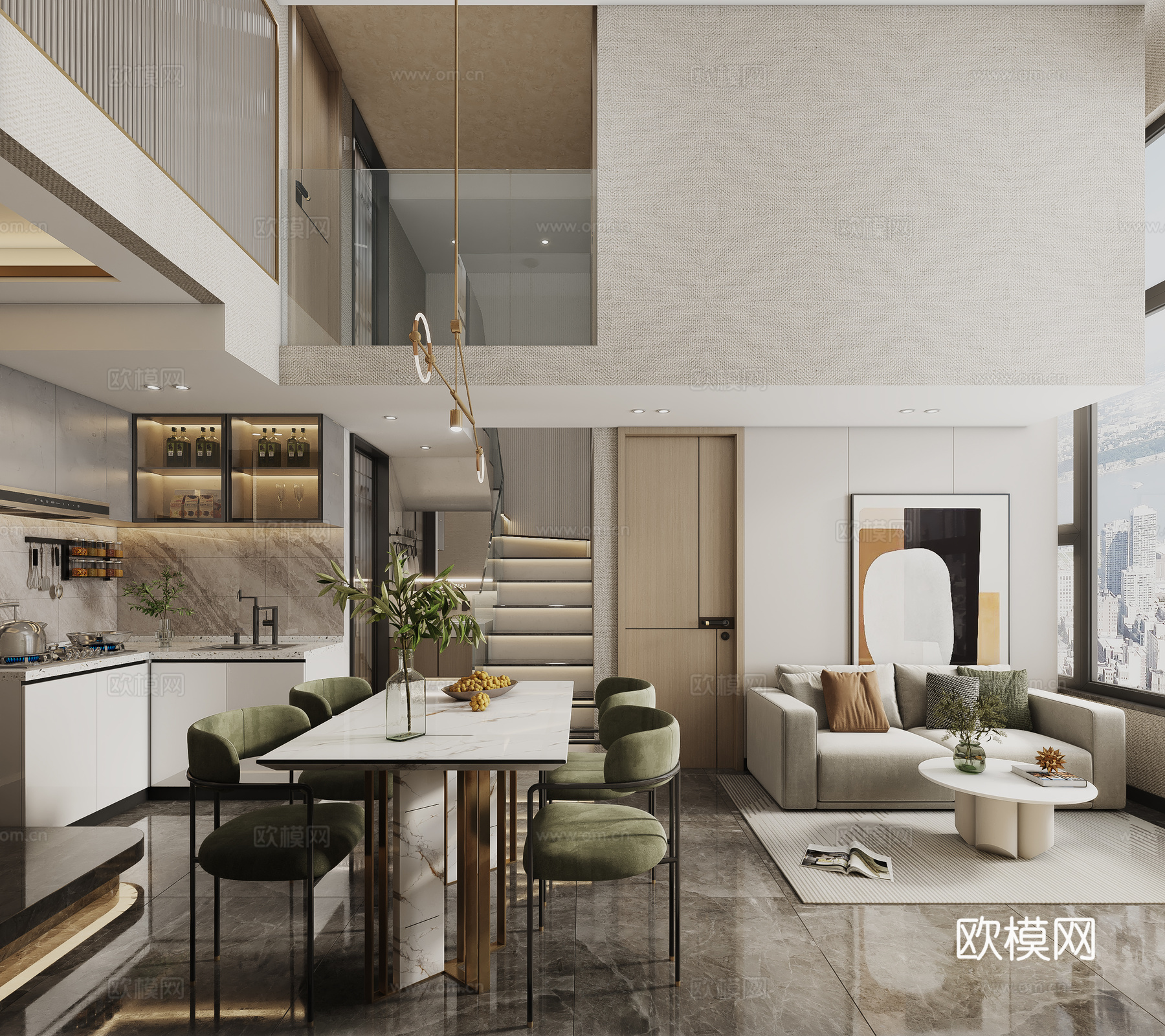 现代客餐厅挑空厨房沙发组合茶几边几装饰画吊灯电视背景墙3d模型