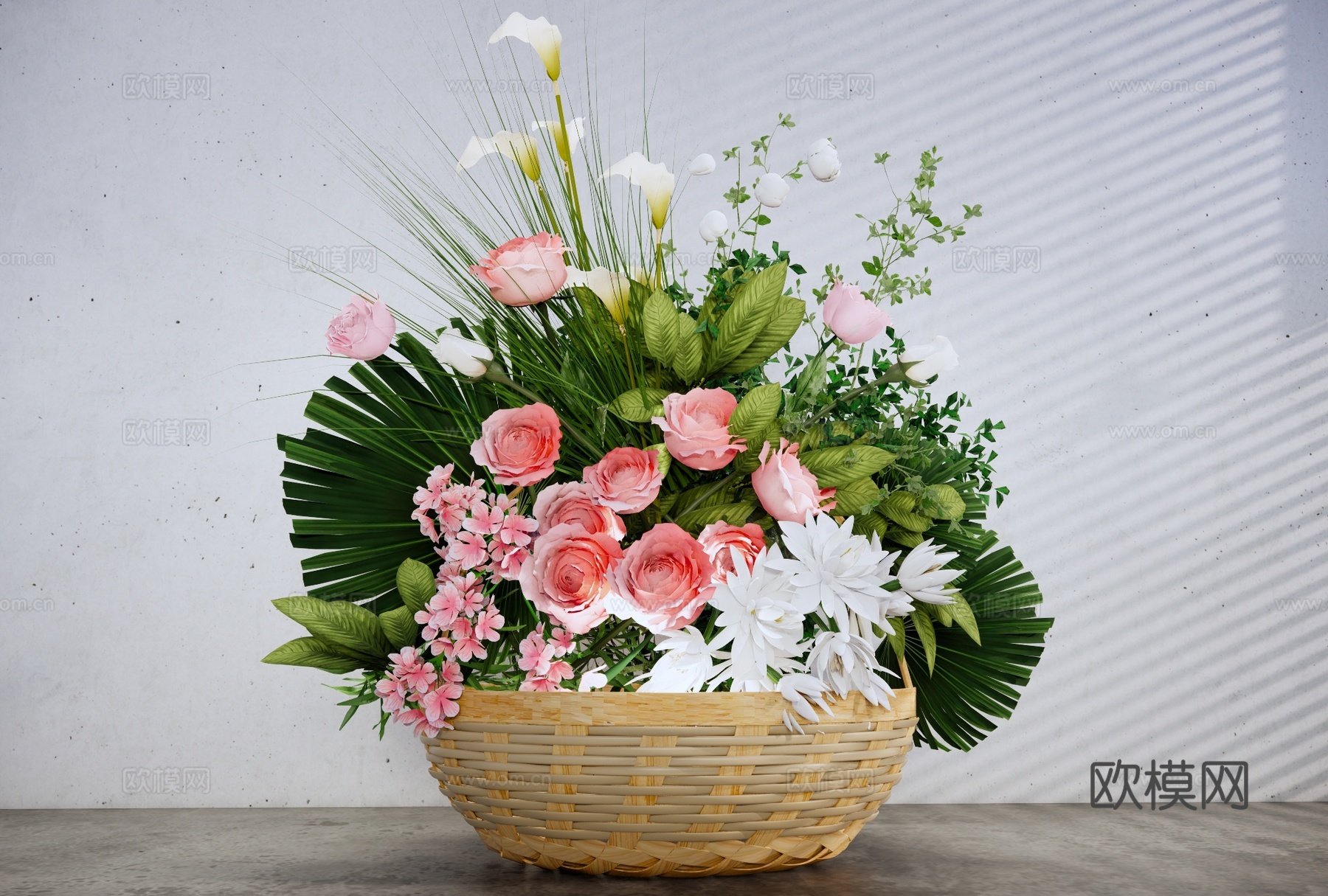 侘寂花篮摆件 插花花艺组合 装饰品摆件 竹编花篮su模型
