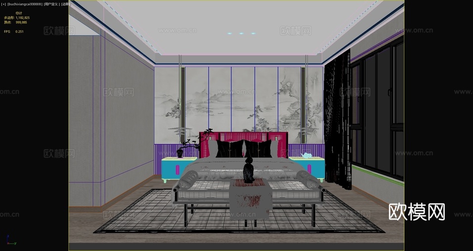 新中式臥室床品床踏床頭柜吊燈擺件新中式窗簾地毯山水畫3d模型下載(渲染圖3)