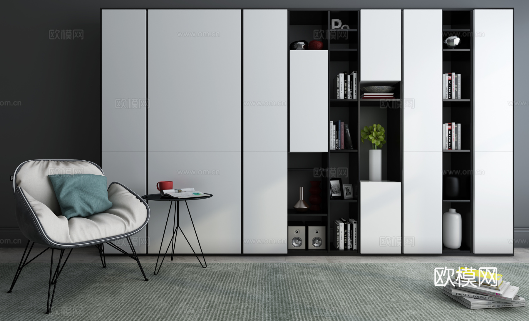现代书柜3d模型下载（渲染图1）