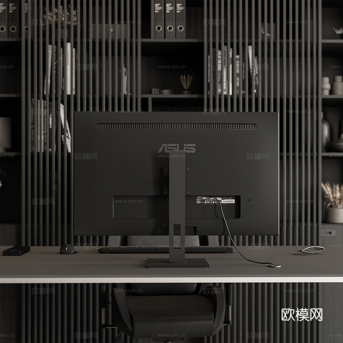 现代意式暗黑风书柜 书桌椅3d模型