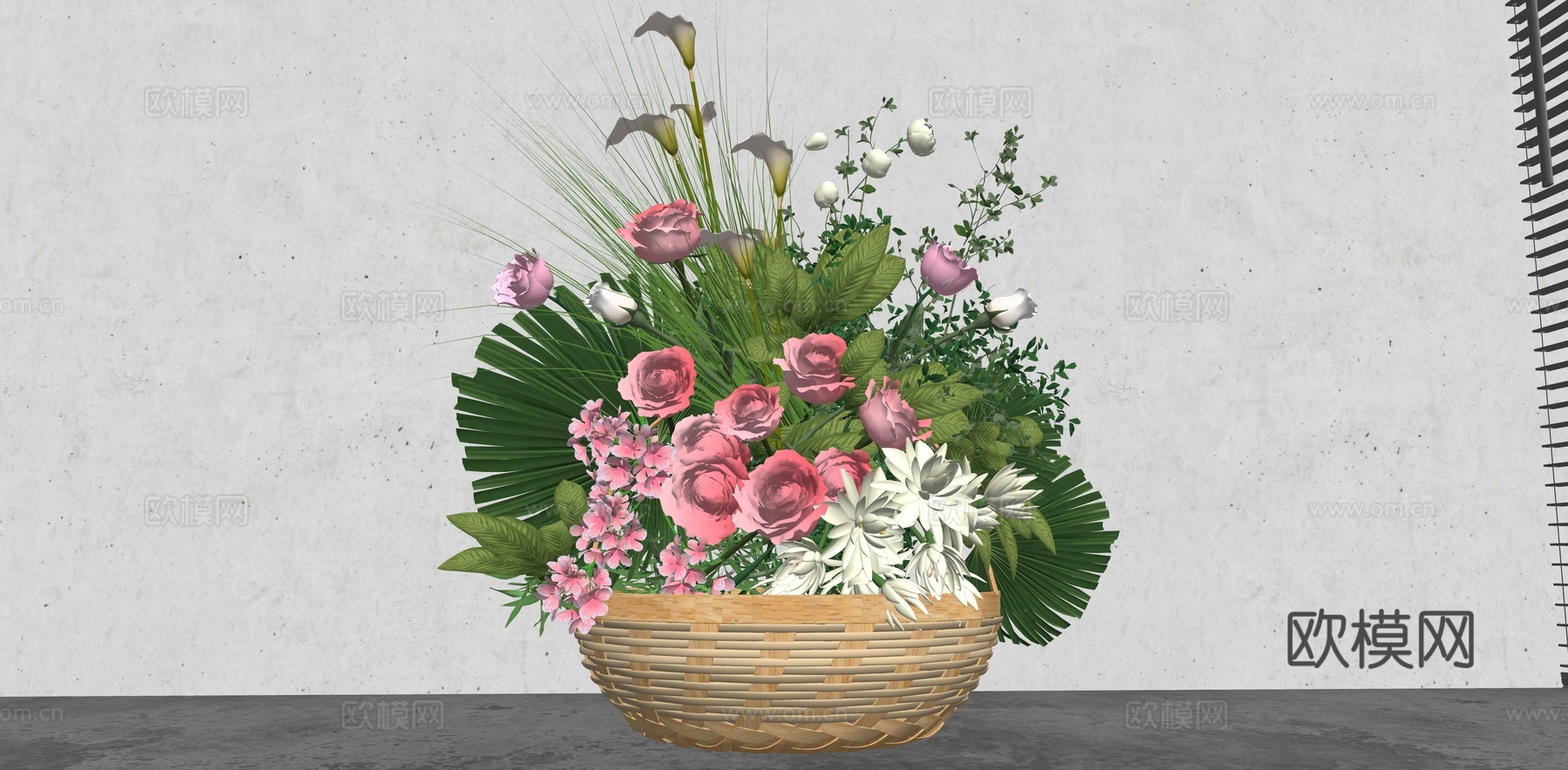 侘寂花篮摆件 插花花艺组合 装饰品摆件 竹编花篮su模型