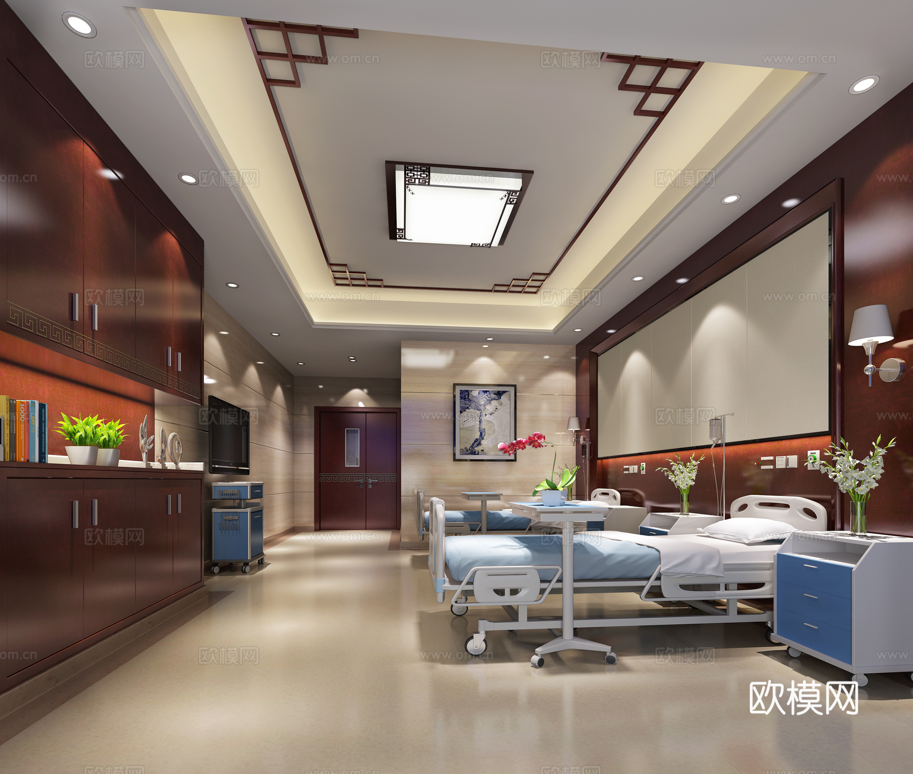 传统中式病房 病床 吊灯 储物柜 床头柜3d模型