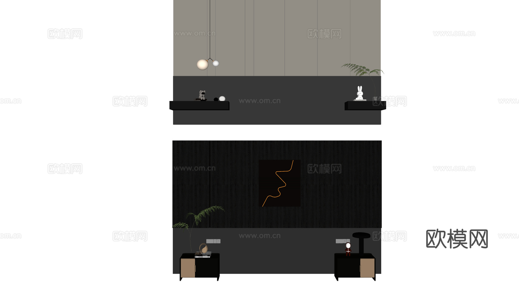 意式床头背景墙 床头柜 墙板背景墙su模型