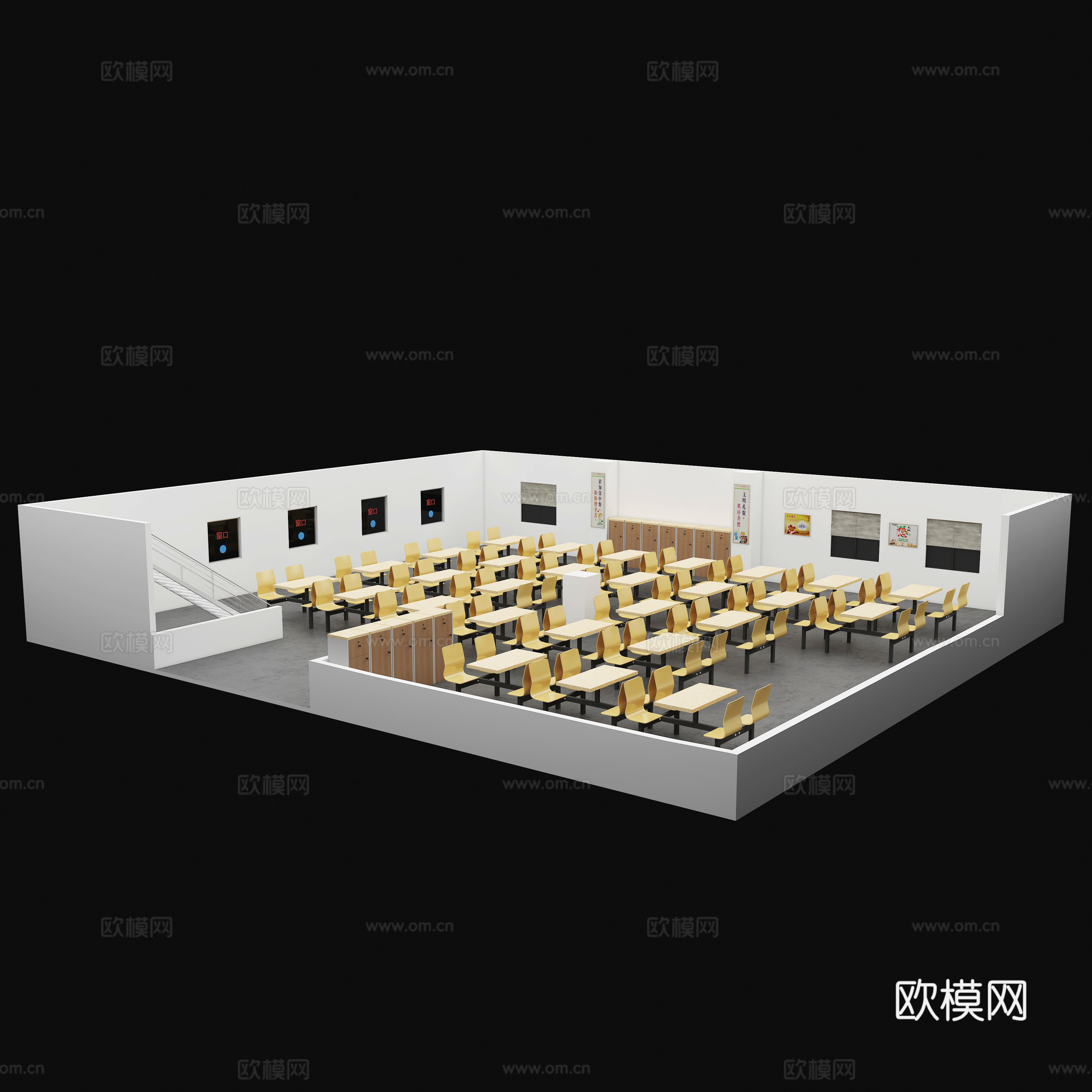 现代学校饭堂 公司食堂鸟瞰图 餐桌椅3d模型