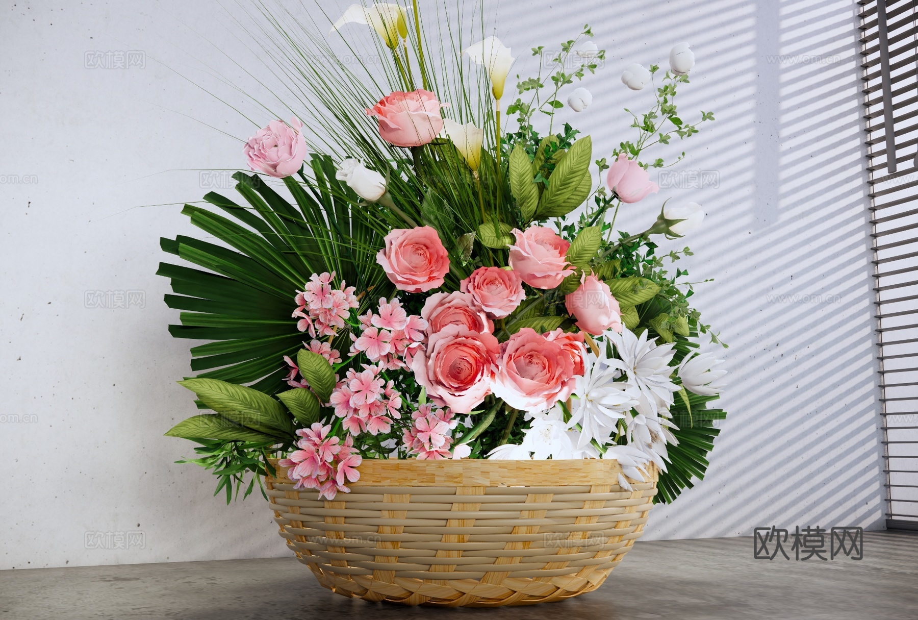 侘寂花篮摆件 插花花艺组合 装饰品摆件 竹编花篮su模型