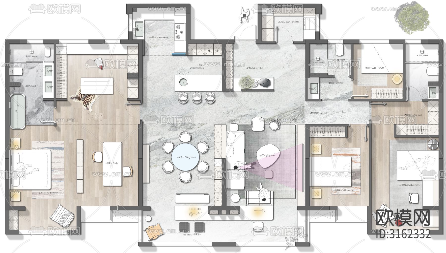 两套打通300平住宅cad平面图下载（渲染图1）