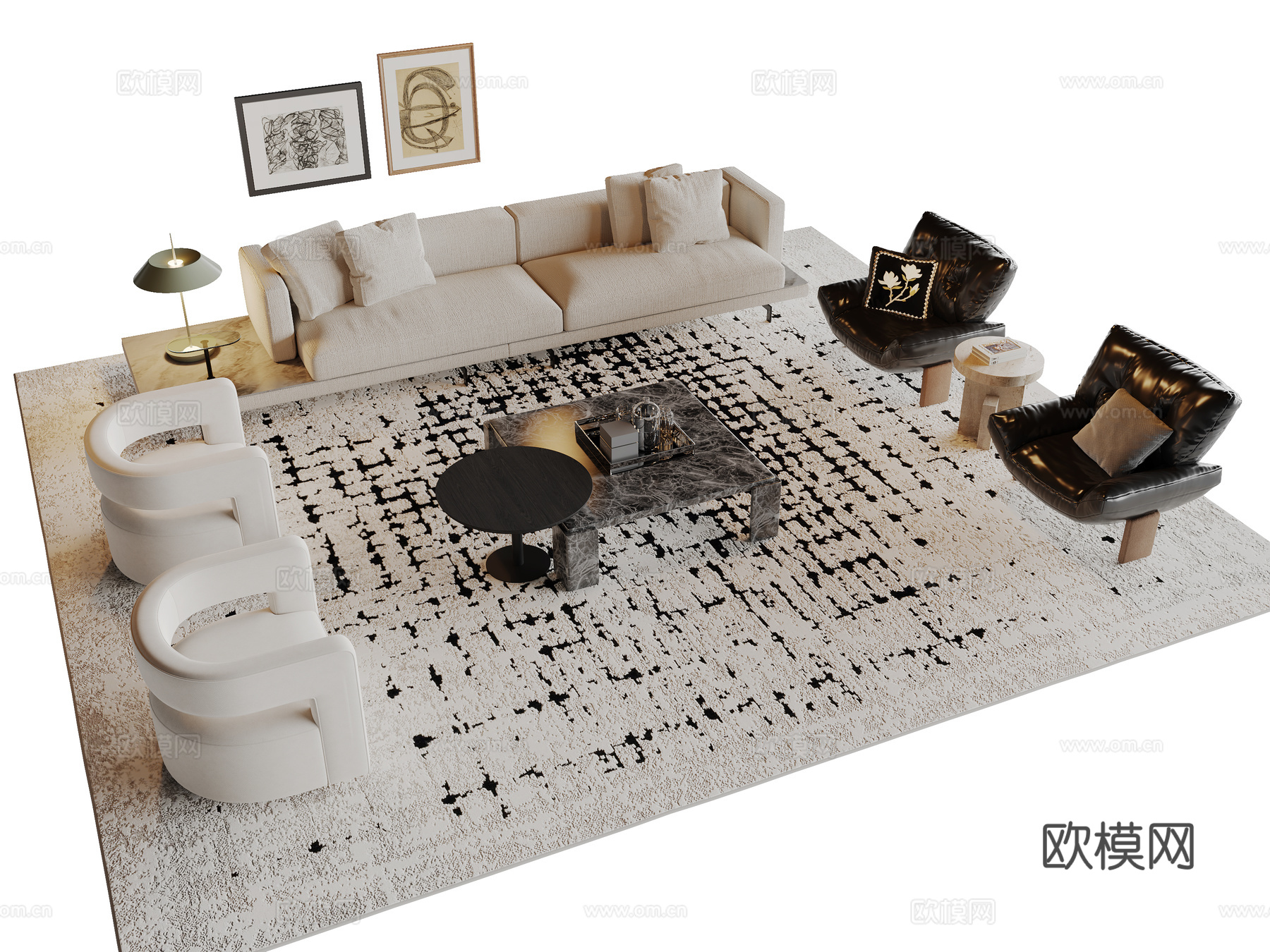 现代沙发茶几组合 单人沙发 挂画3d模型