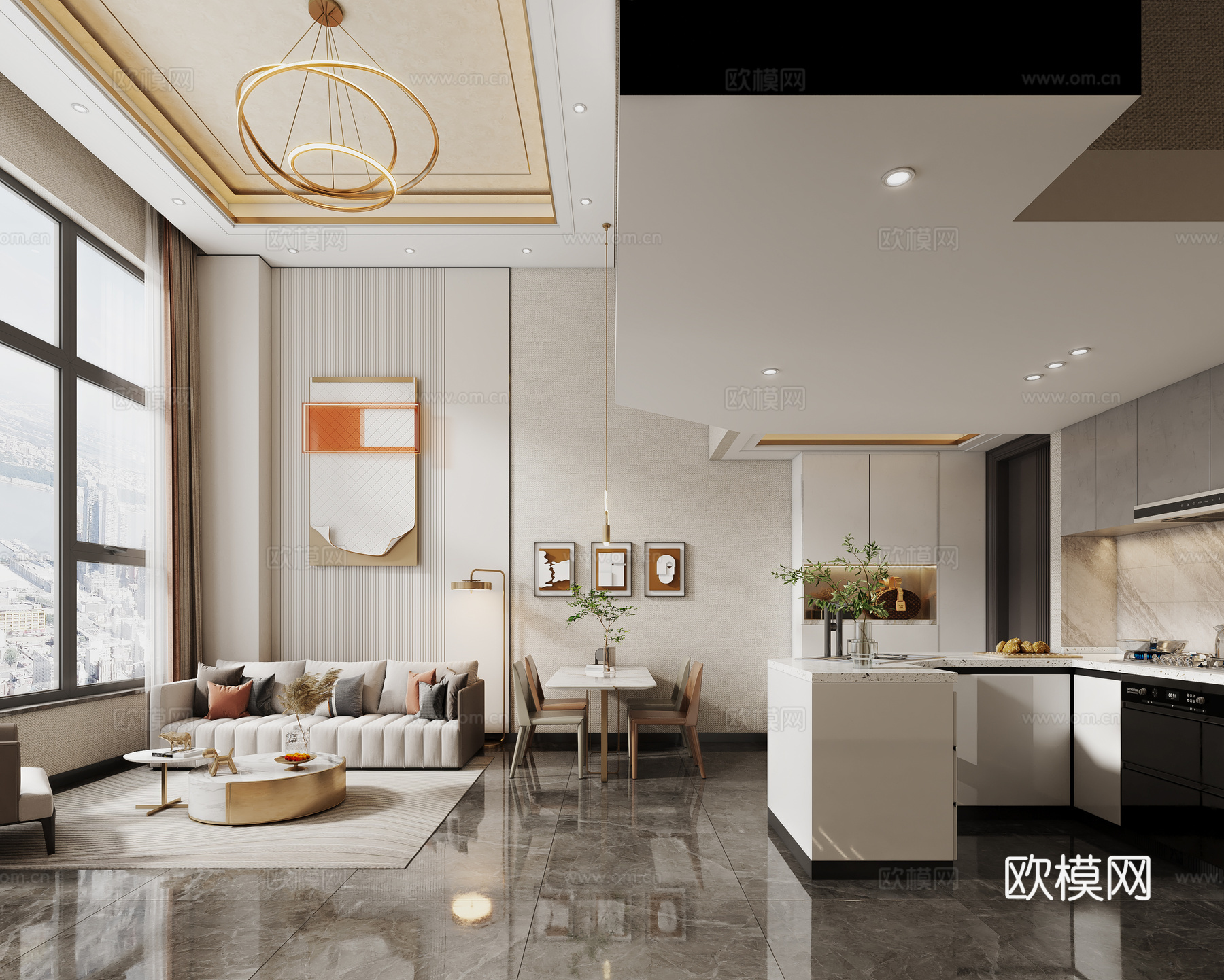 现代客餐厅厨房沙发背景电视背景墙沙发组合挂画3d模型