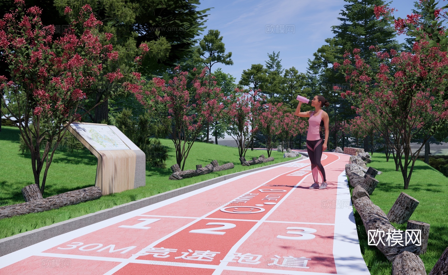 现代绿道公园景观 健康游步道 生态骑行道 运动健身 山体跑道su模型