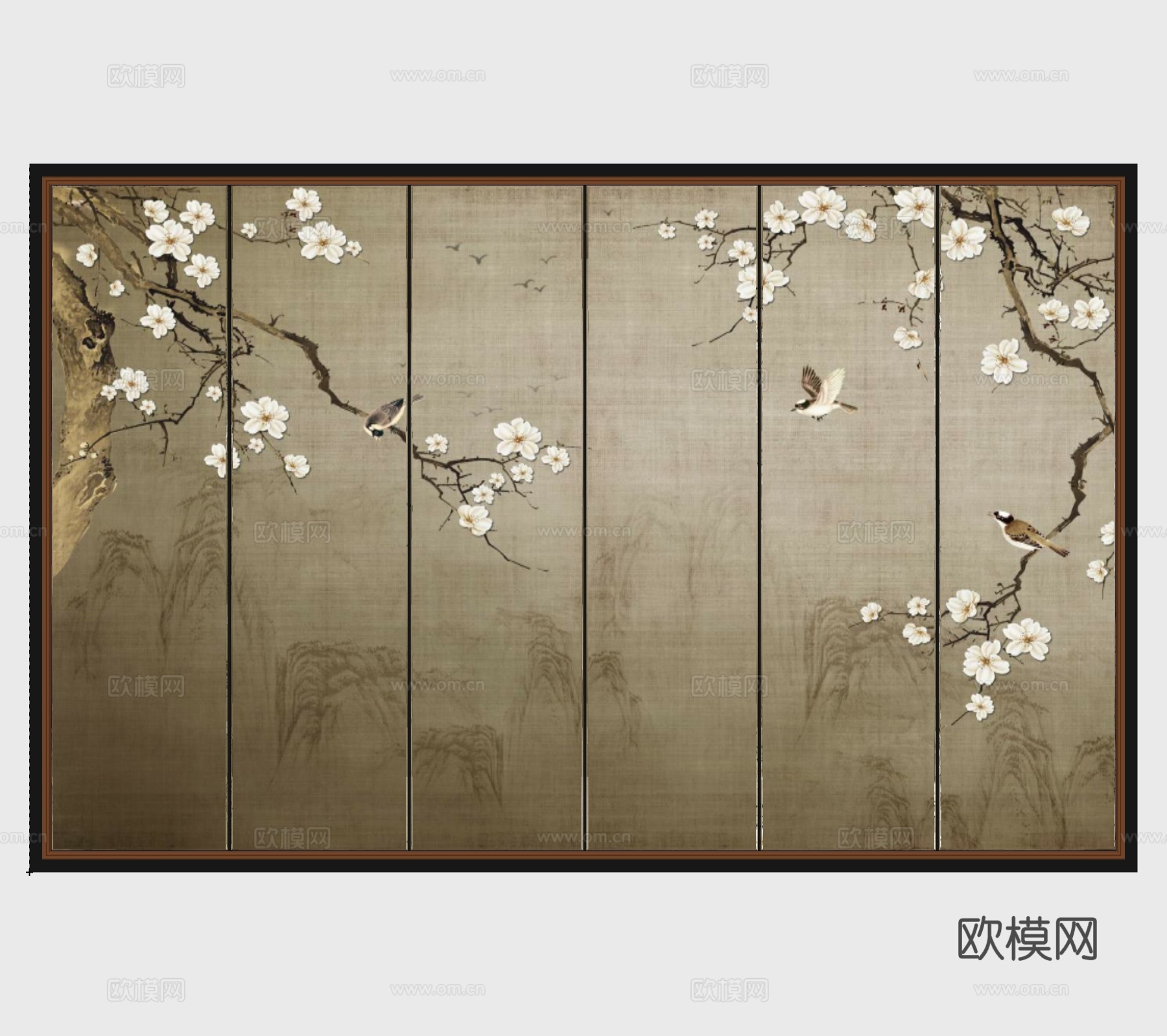 中式花鸟背景墙su模型下载