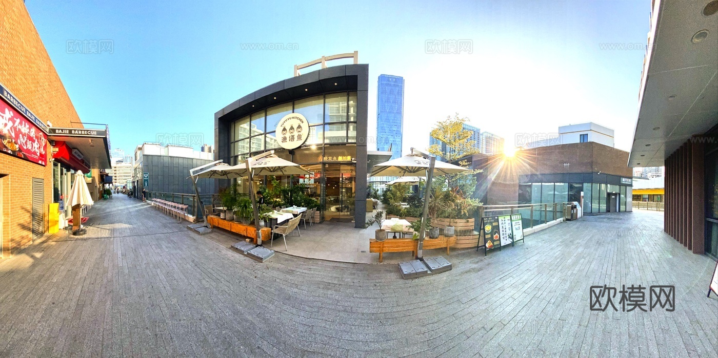 清晨日出城市商业街道全景hdr