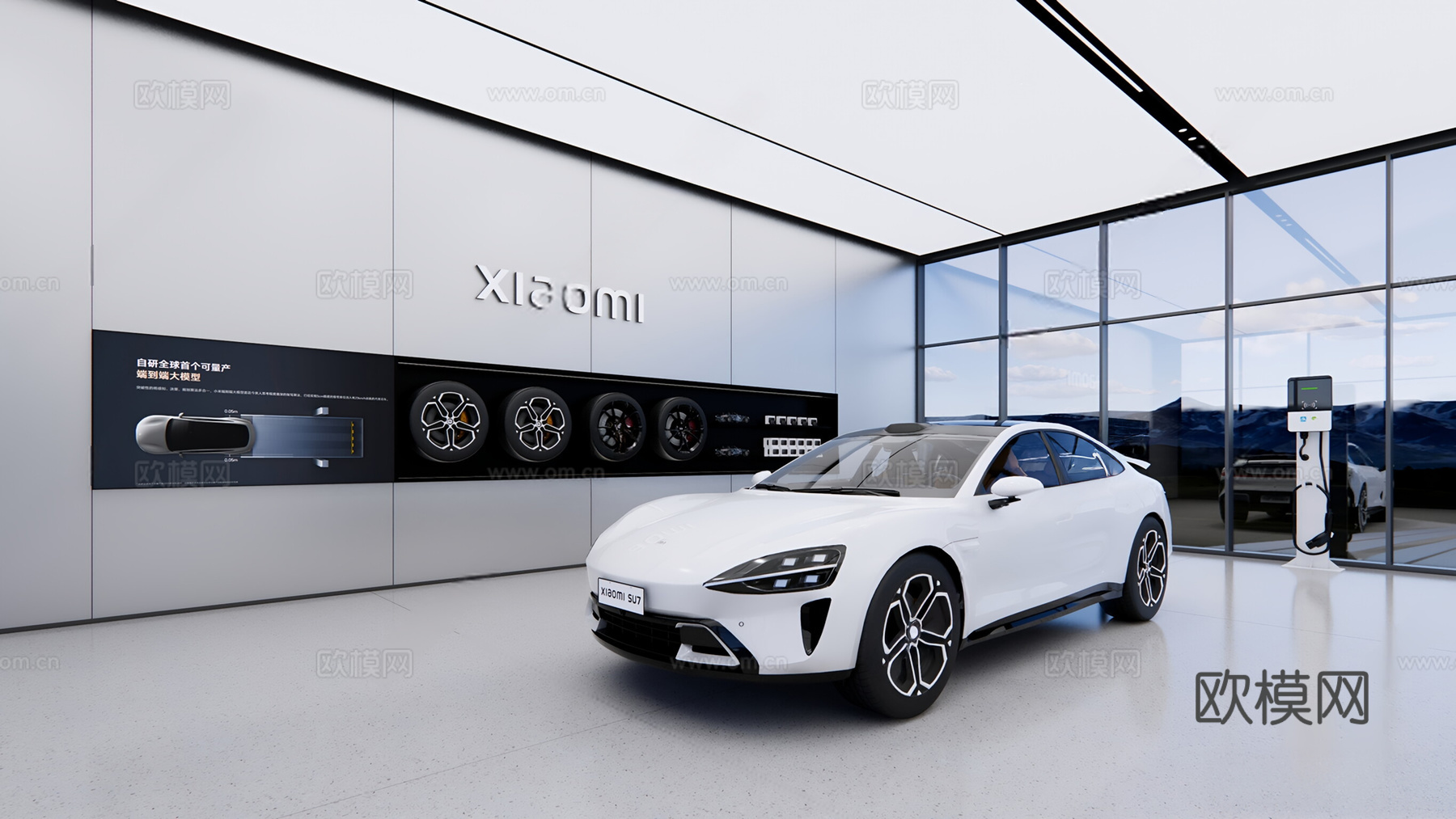 现代极简汽车4S店 小米汽车展厅 小米新能源汽车 汽车配件墙3d模型