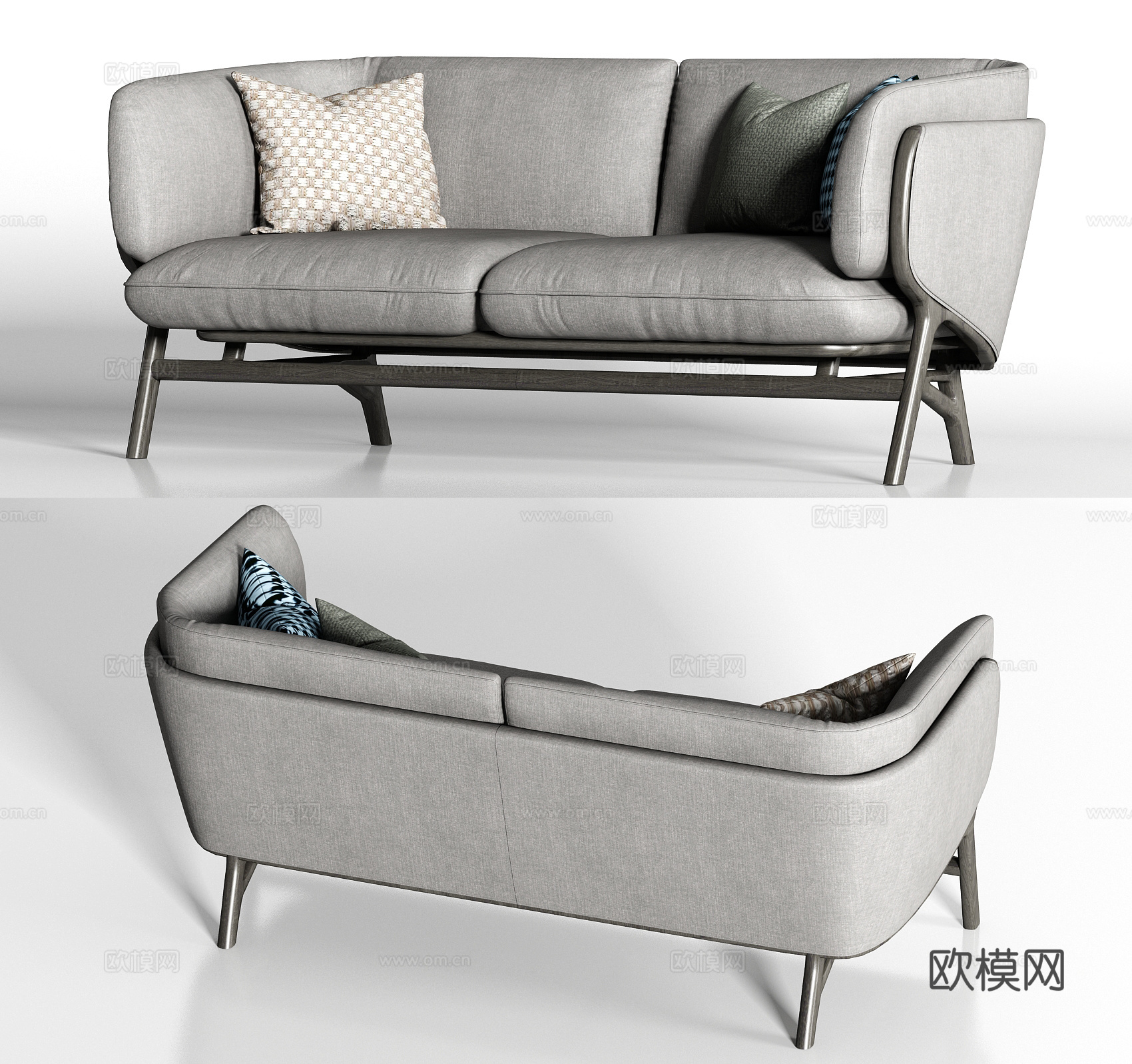 现代灰色布艺双人沙发枕头组合3d模型