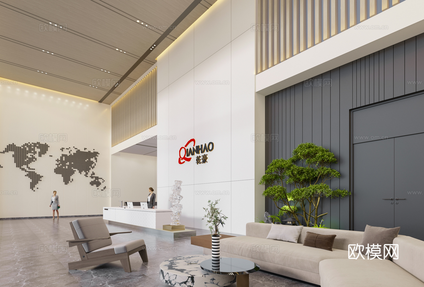 现代办公大堂 公司前台大厅su模型下载