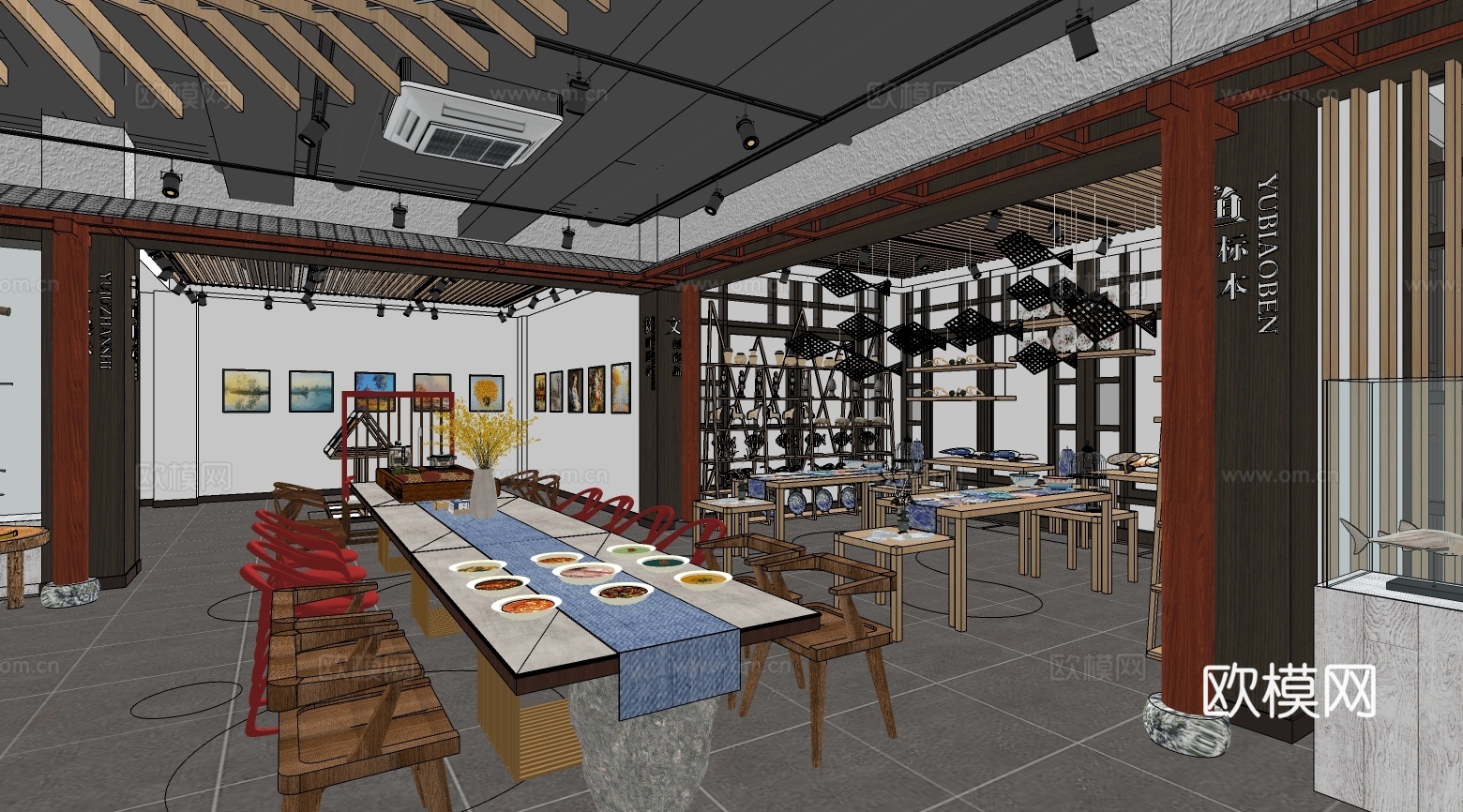新中式主题餐厅su模型下载