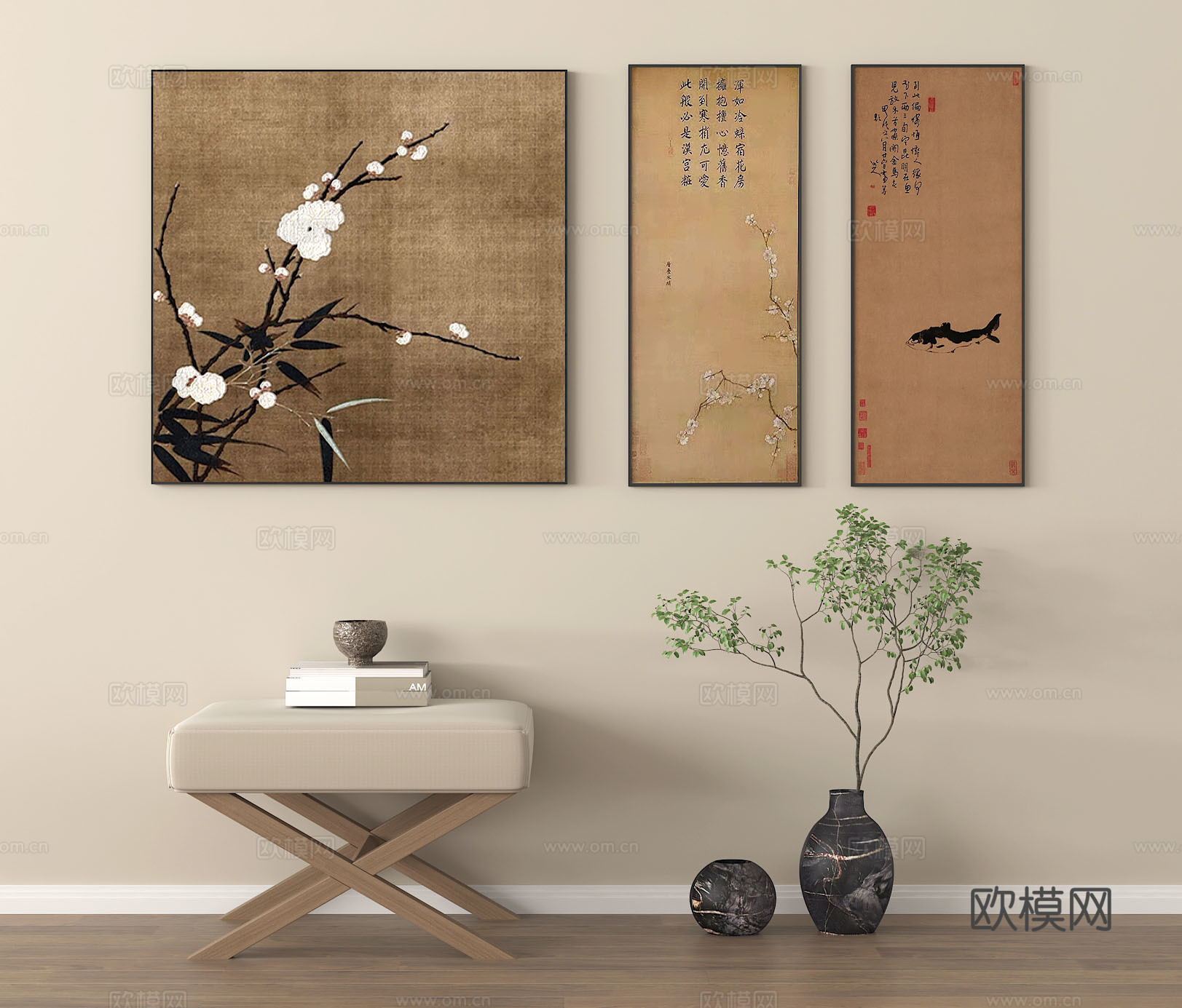 挂画 卷轴画 水墨画 陶艺花瓶 花瓶花艺su模型