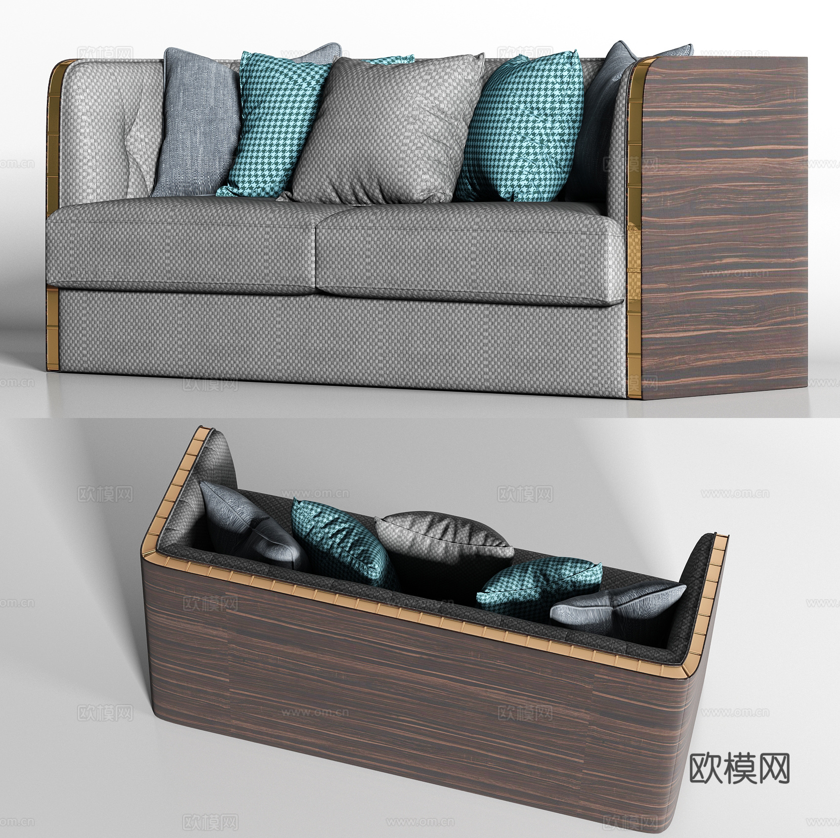 现代实木布艺双人沙发枕头组合3d模型