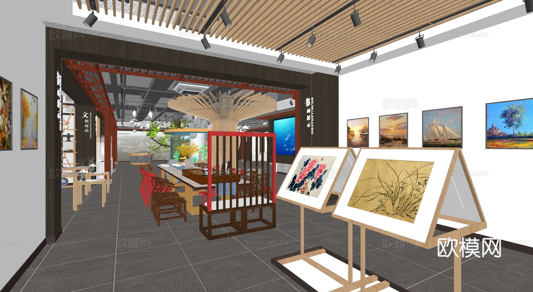 新中式鱼餐厅su模型下载