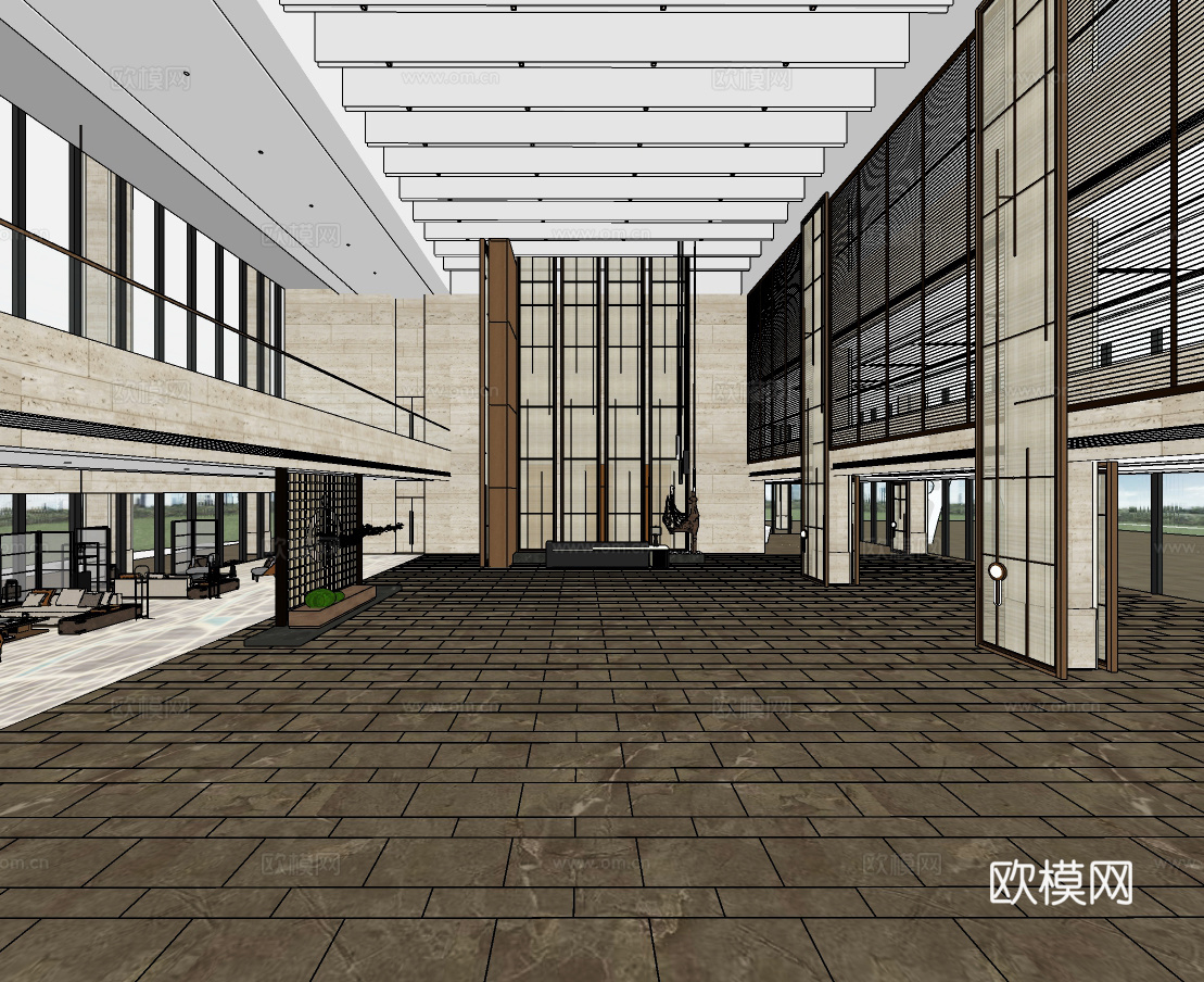 新中式办公大堂su模型下载