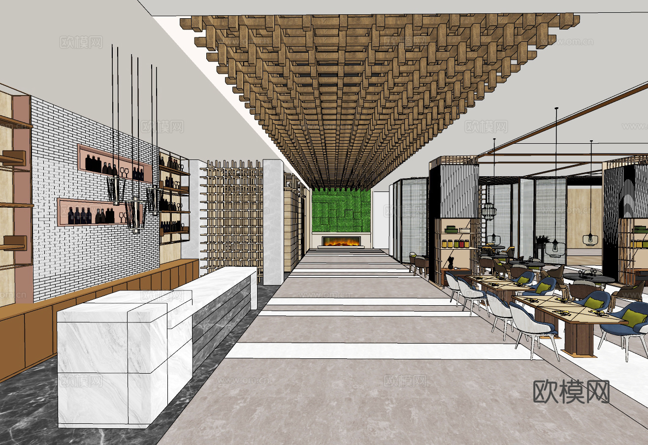 新中式酒店餐厅su模型下载
