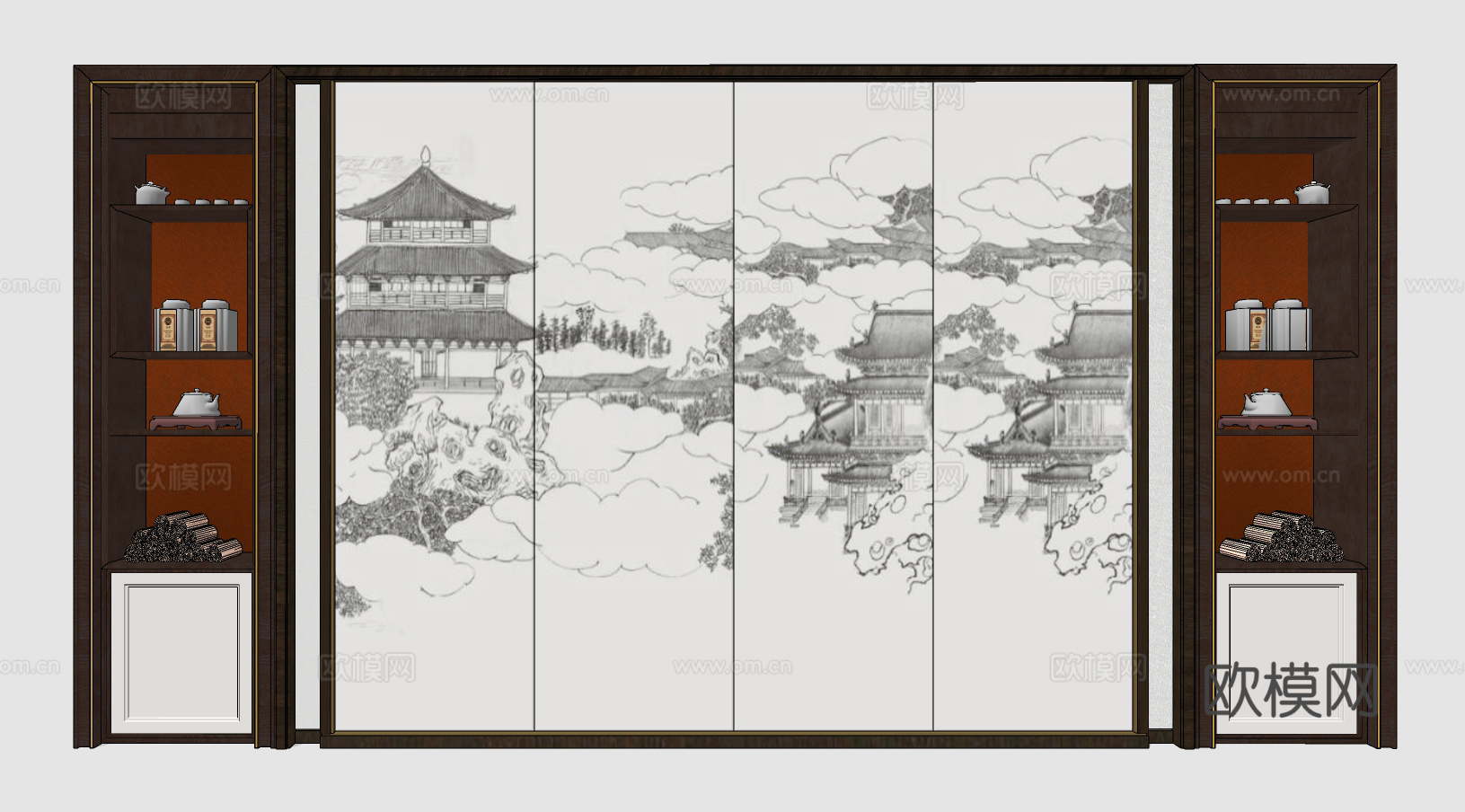 新中式电视背景墙su模型下载