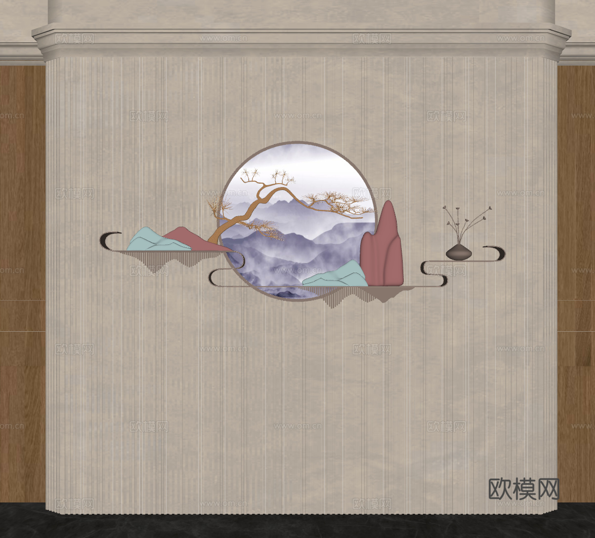 新中式山水墙饰挂件su模型下载