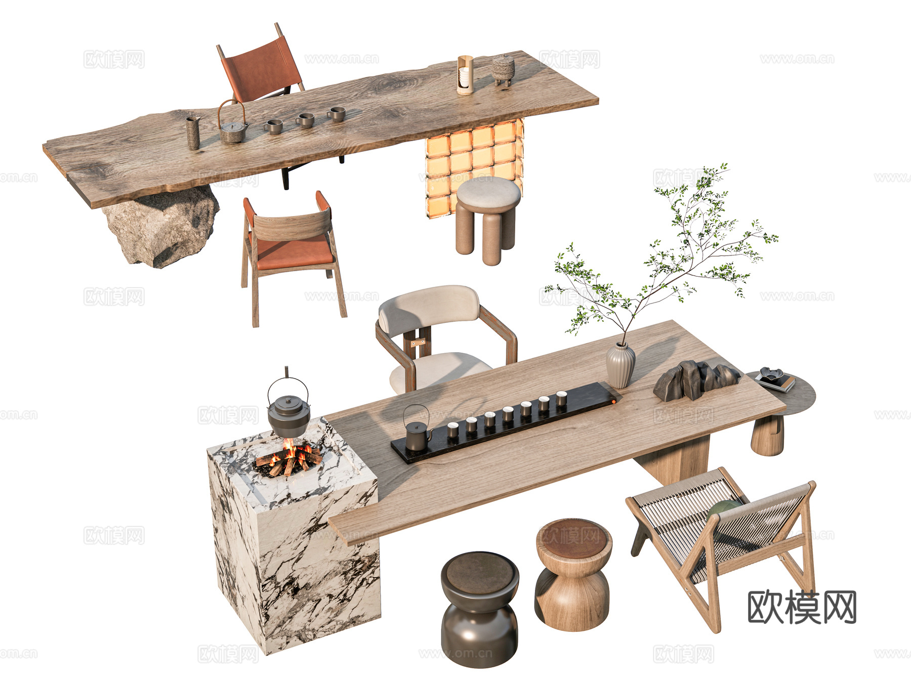 新中式中式茶桌椅 茶桌 茶台 大板桌 茶桌椅组合 茶具3d模型