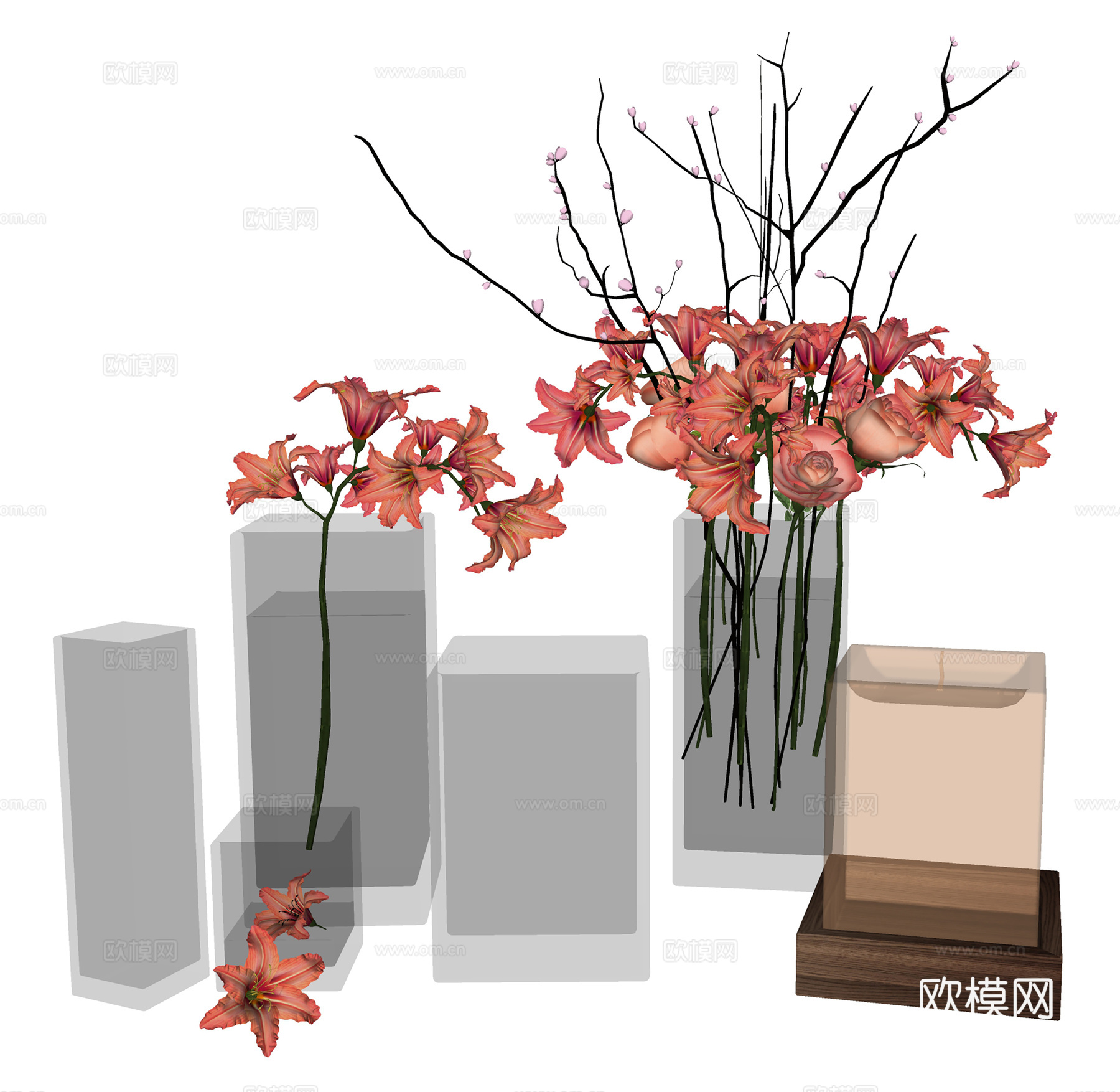 现代花瓶花卉 玻璃花瓶组合 插花  植物摆件su模型