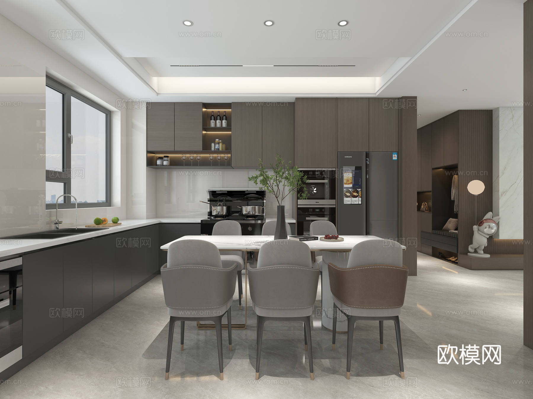 现代意式 开放式厨房 餐厅3d模型