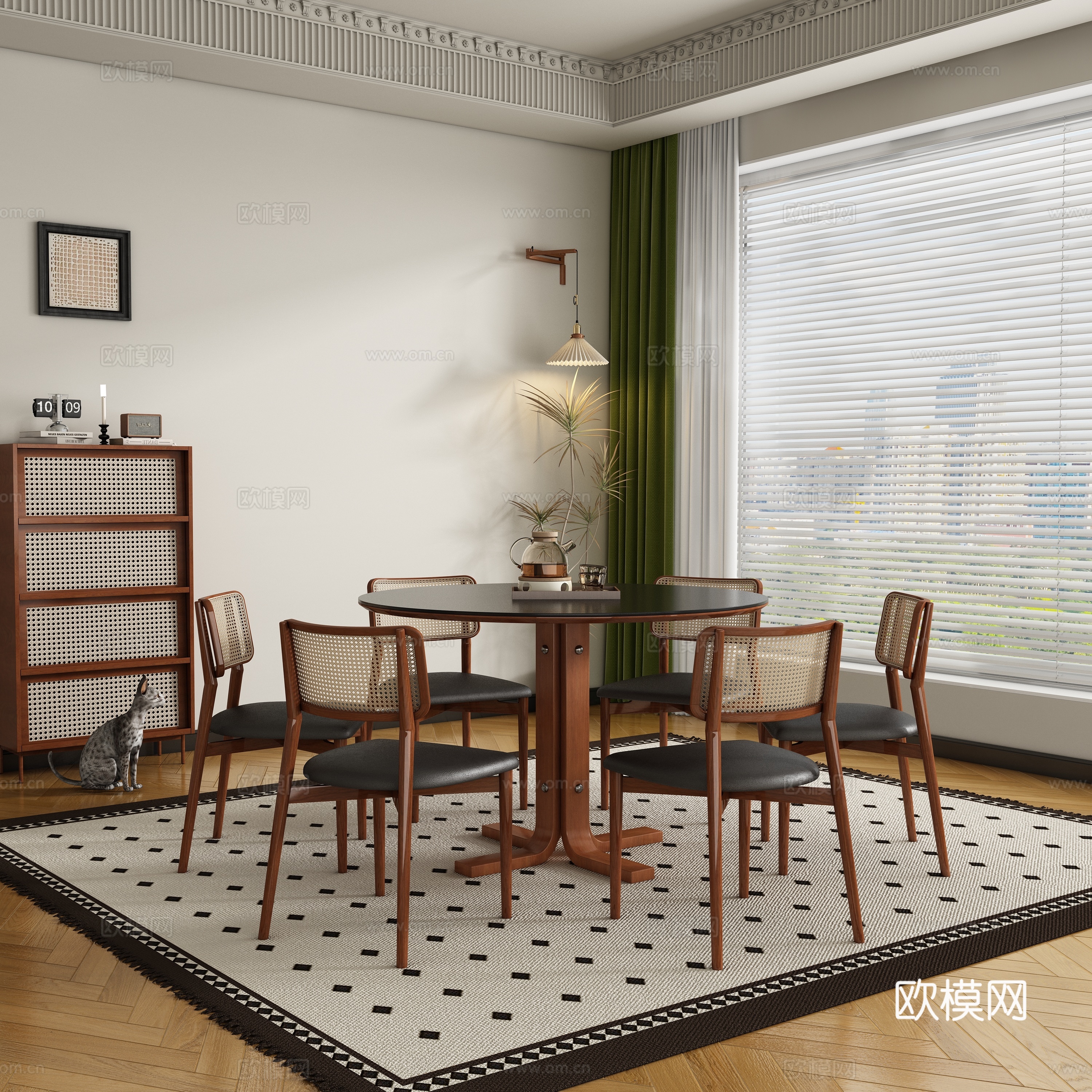 现代中古风餐厅 餐桌椅3d模型下载