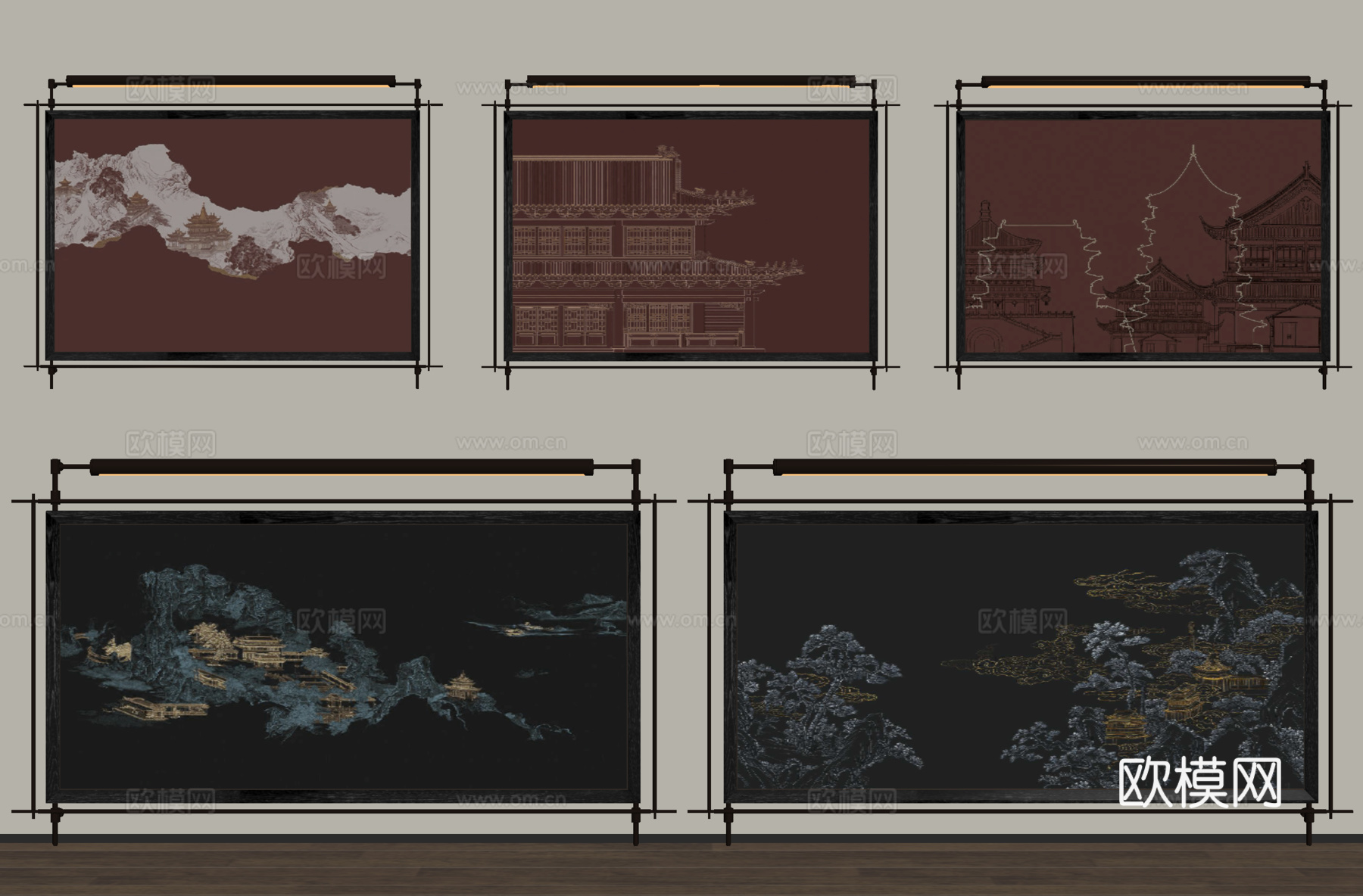 新中式挂画 装饰画 客厅背景墙su模型