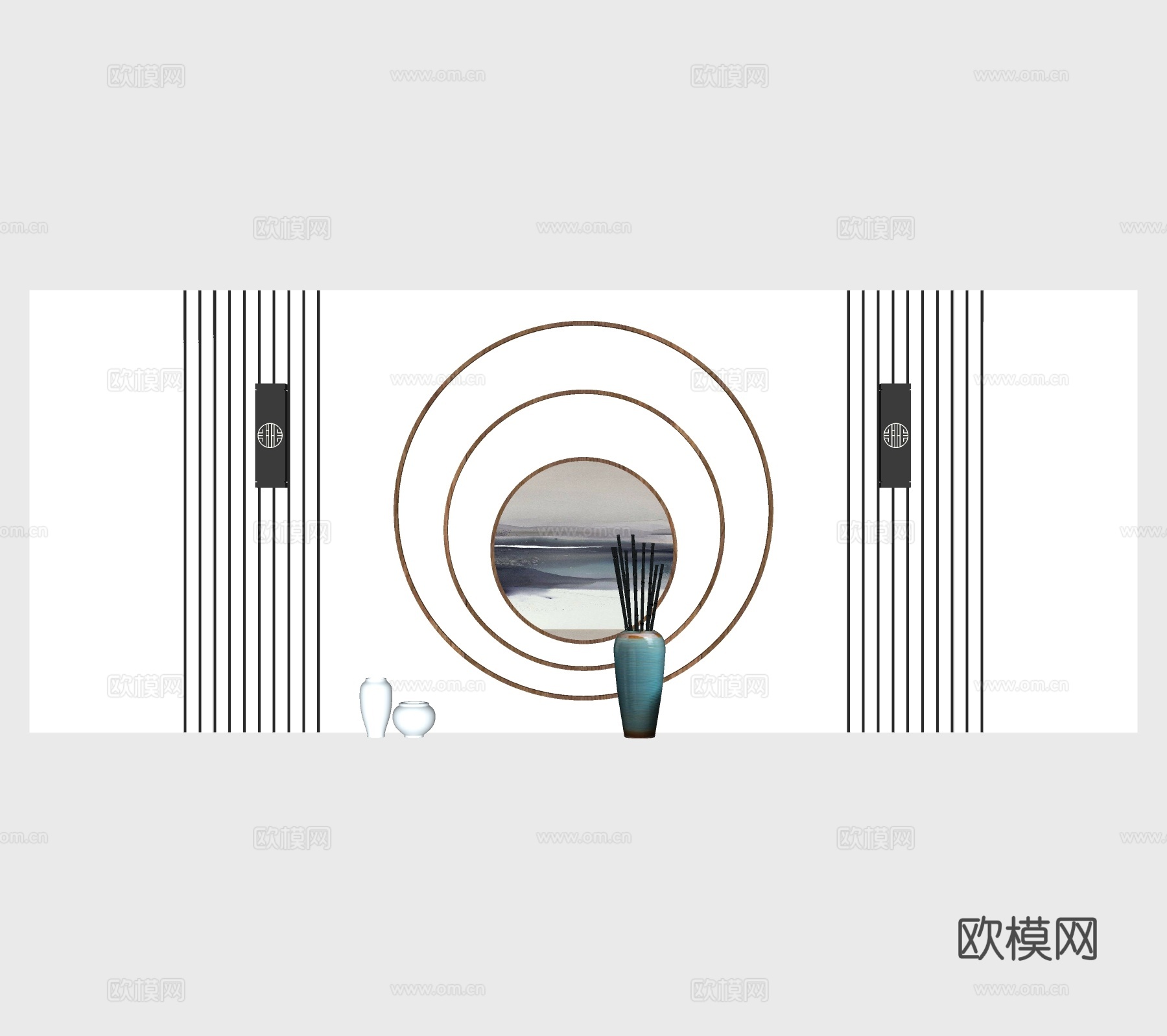 中式水墨画背景墙免费su模型下载