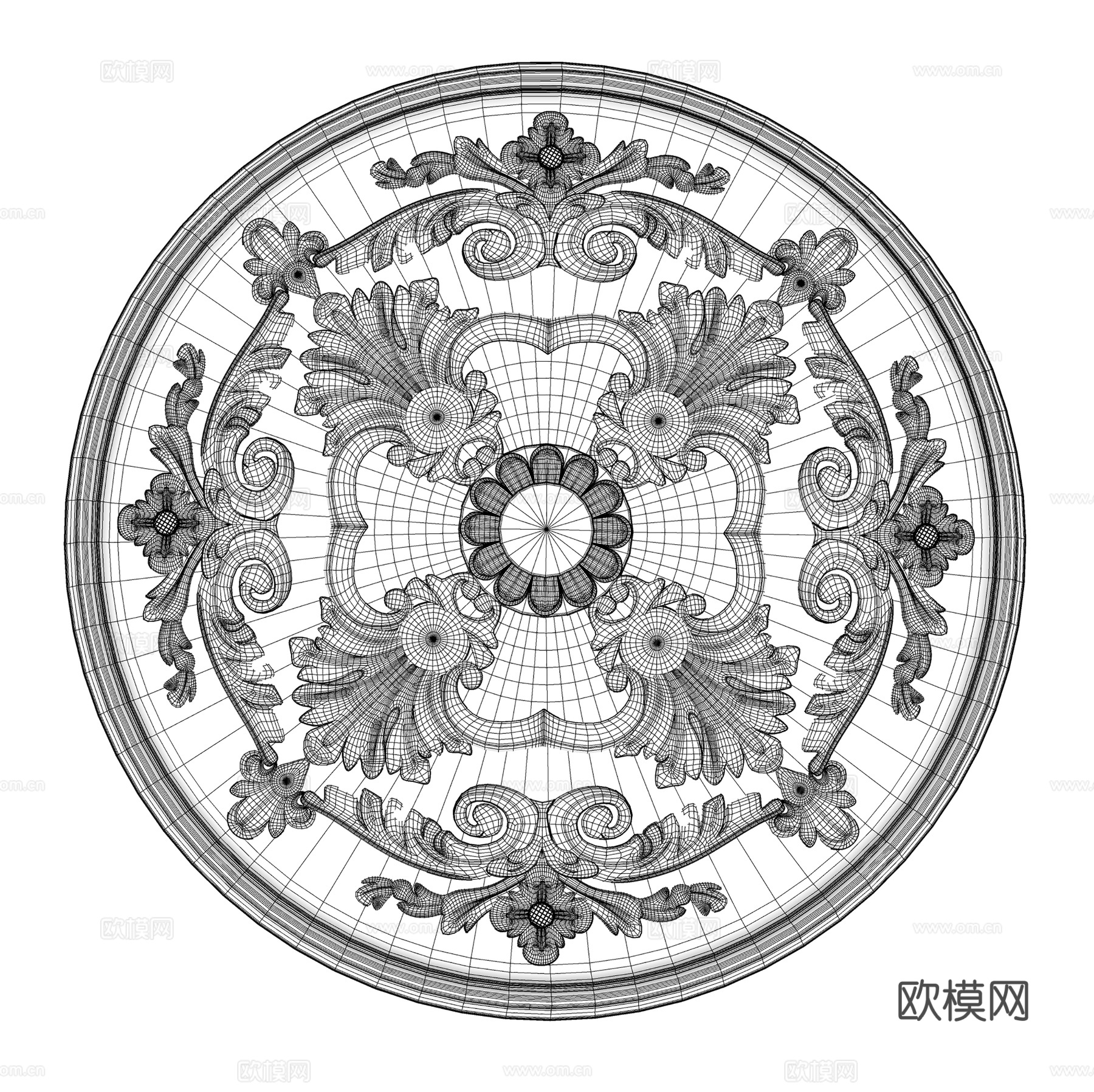 欧式雕花灯盘 石膏线雕花  圆形雕花灯盘su模型