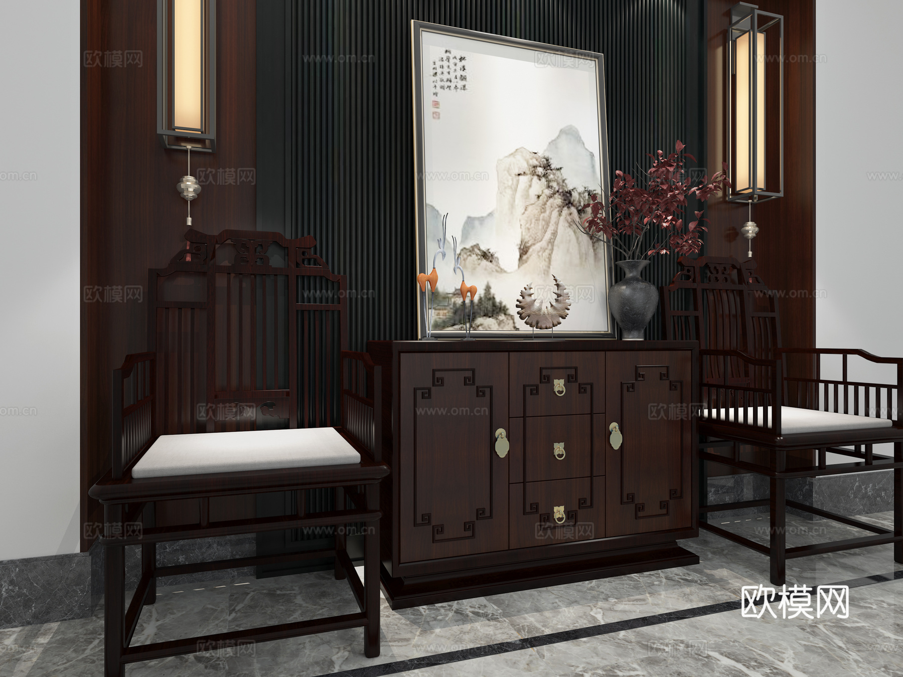 新中式单椅边柜组合3d模型